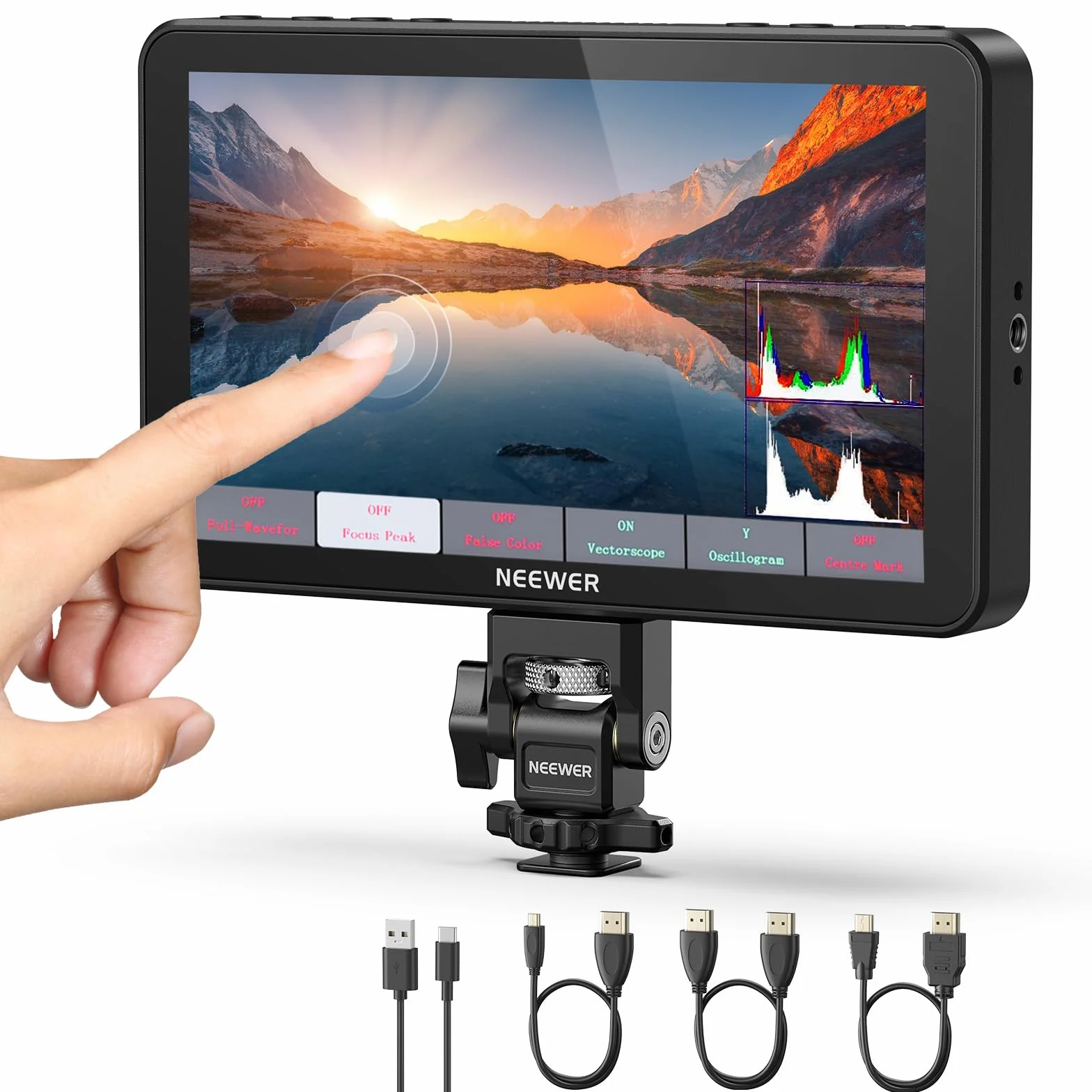 NEEWER F700 Monitor da Campo per Fotocamera 7", 2000nit HD 1920x1080 IPS Touch Screen con 3D LUT, Loop in/Out HDMI 4K con Peak Focus DSLR Video Assist HDR Waveform, Cold Shoe, Batteria Non Inclusa