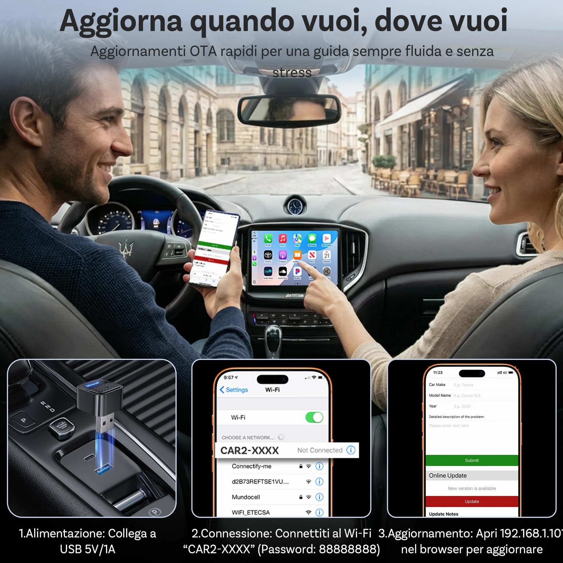 OTTOCAST Mini Core Adattatore Wireless 2 in 1 per CarPlay e Android Auto, Dongle Compatto con Wi-Fi 6 e Bluetooth 5.4, Pulsante Smart Switch, Connessione Automatica