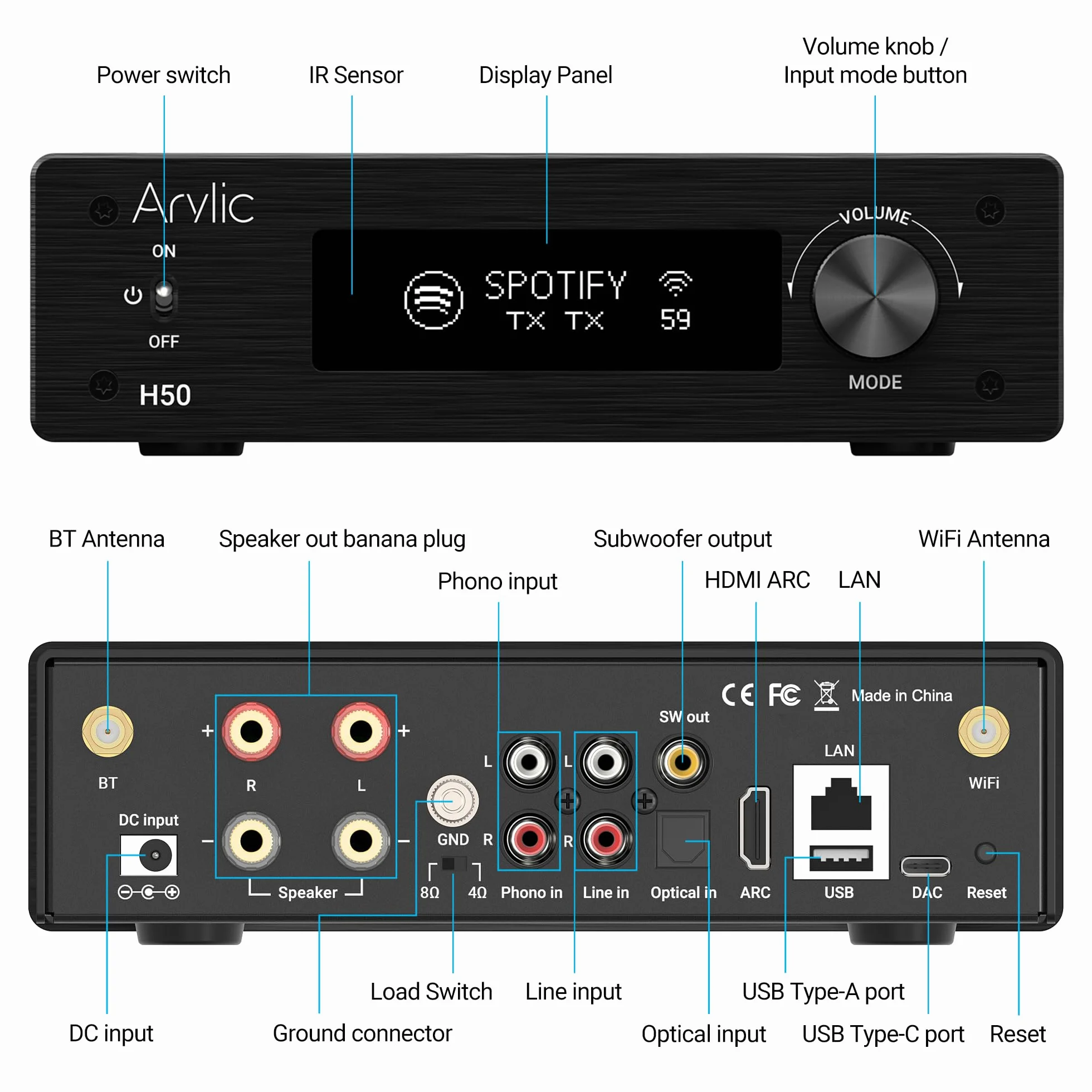 Arylic Amplifier WiFi H50 Hi-Fi Multiroom con Bluetooth aptX HD, HDMI ARC, Airplay 2 & Spotify Streaming. Supporta trasmissione musicale HD 192 Khz/24 bits. Amplificatore 50 W x 2.