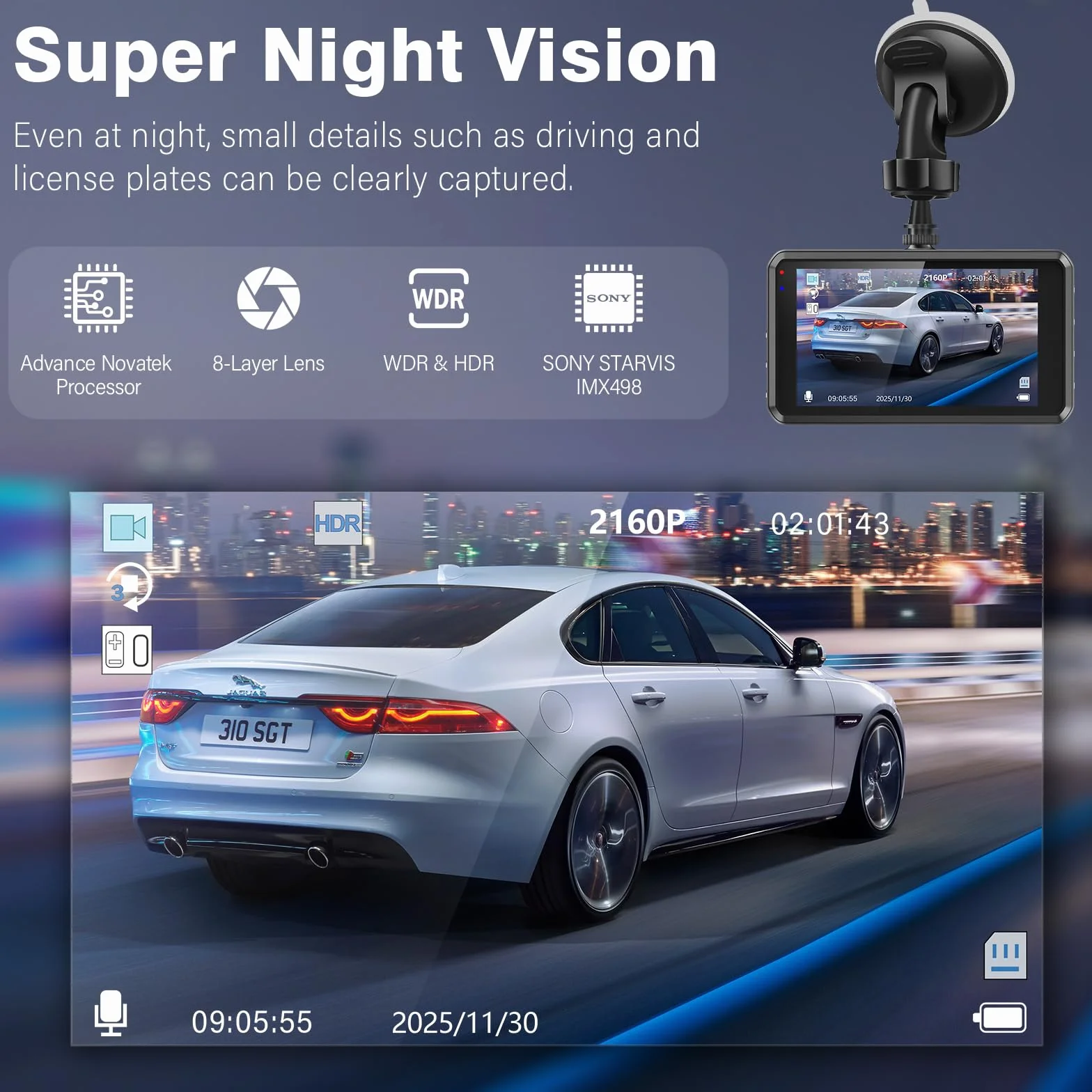 Miden 4K+1K Dashcam 2160P+1080P UHD Telecamera Auto IPS 3.2" Grandangolo 336° G-Sensor Visione Notturna WDR Monitor Parcheggio Registrazione Loop