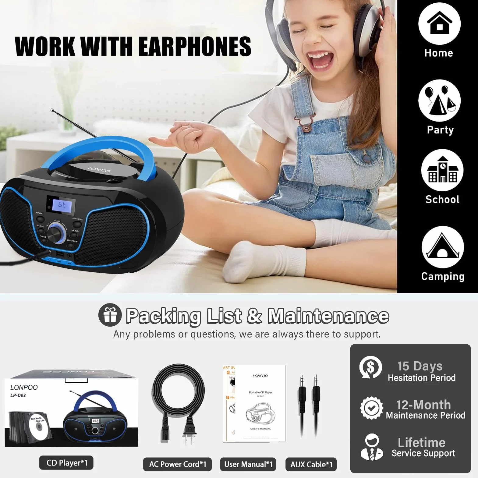 LONPOO Lettore CD Boombox Portatile - Stereo con Radio FM, Ingresso Bluetooth, USB, AUX, Uscita Auricolari, Audio Domestico Compatto, AC o Alimentato a Batteria (LP-D02)
