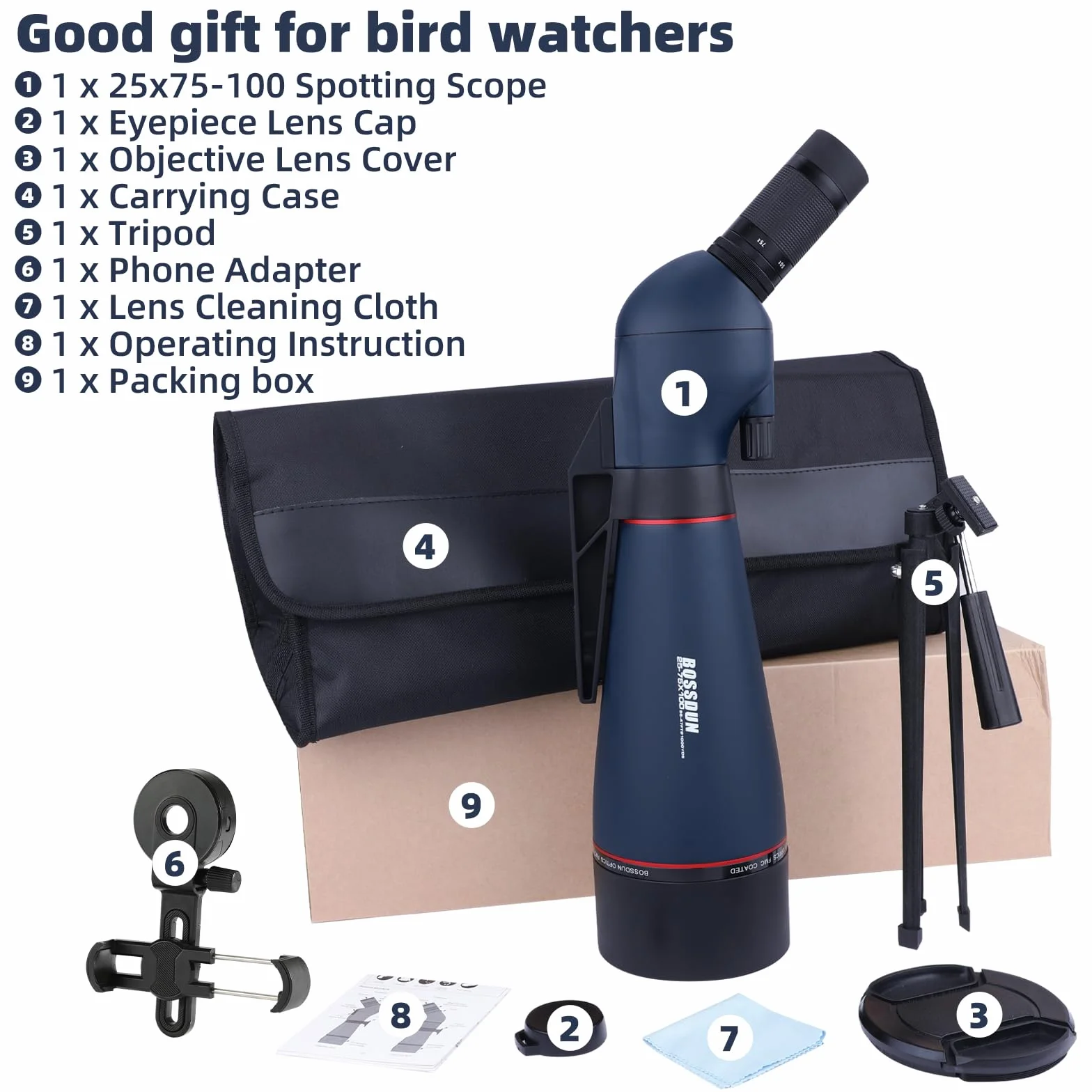 Cannocchiale 25-75x100 con Treppiede, Adattatore per Telefono e Borsa per il Trasporto, BAK4 Cannocchiale Professionale per Caccia, Tiro a Segno, Birdwatchingr il trasporto, per il tiro al bersaglio