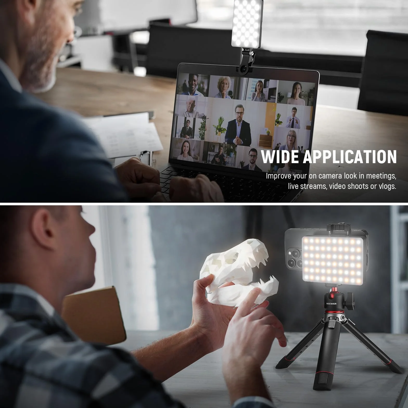 NEEWER LED Luce Selfie con Clips per Telefono, Luce Portatile per Foto Cellulare/Zoom Conferenza da Laptop, 60 LED Alta Potenza 2000mAh Ricaricabile CRI 95+, 3 Modalità di Luce, Luce Video per TikTok