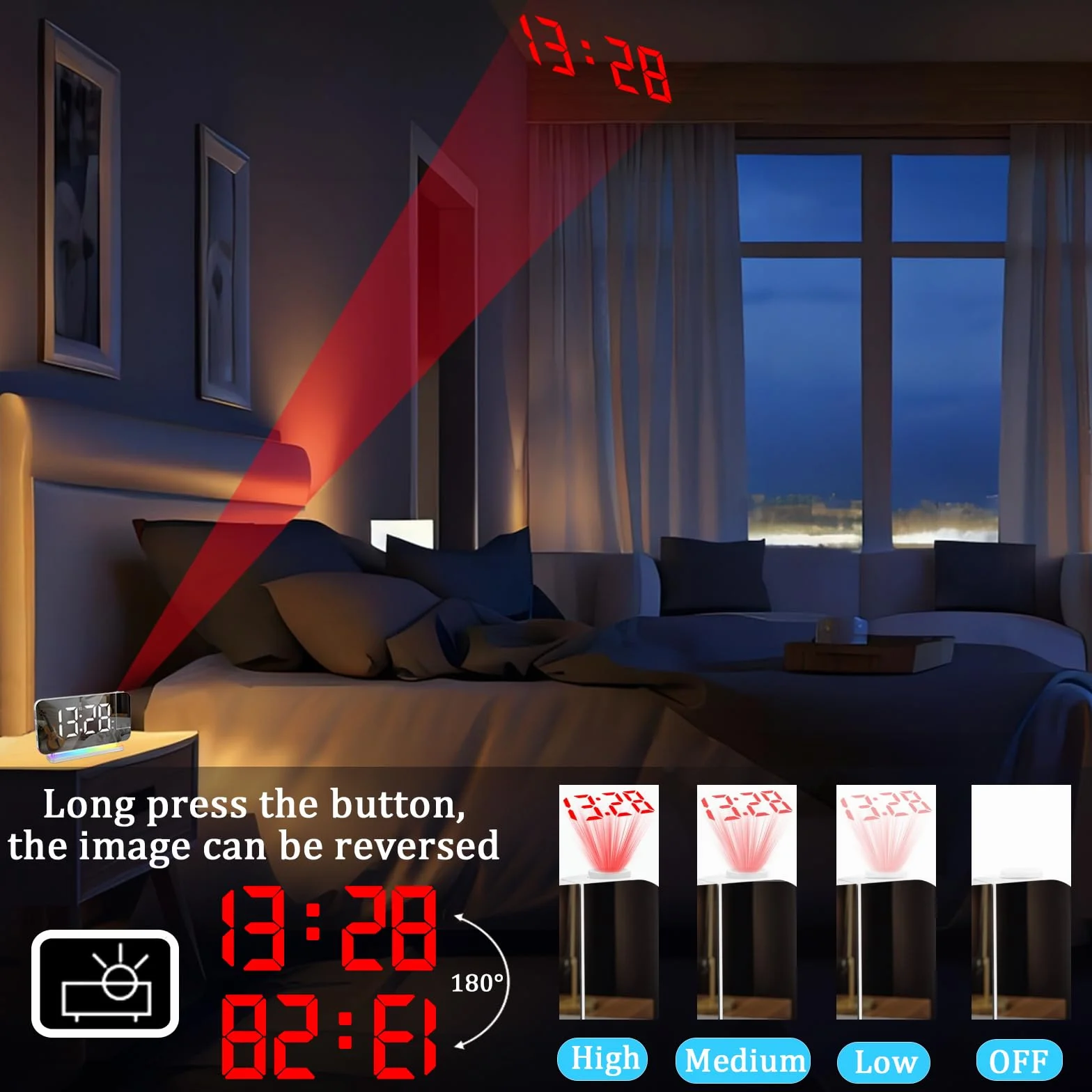 Radiosveglia Digitale con Proiezione e FM 6 Livelli Luminosità Schermo 4 Proiezione Snooze