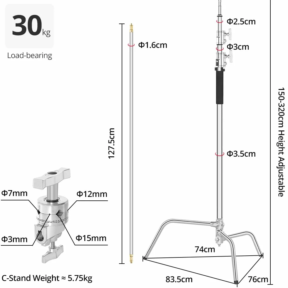 AMBITFUL Stainless Steel Heavy Duty C Stand, 150-320 cm, regolabile con ruote per riflettori, softbox, monolight, braccio resistente (AMBITFUL C-STAND KIT + BAG + WHEELS)