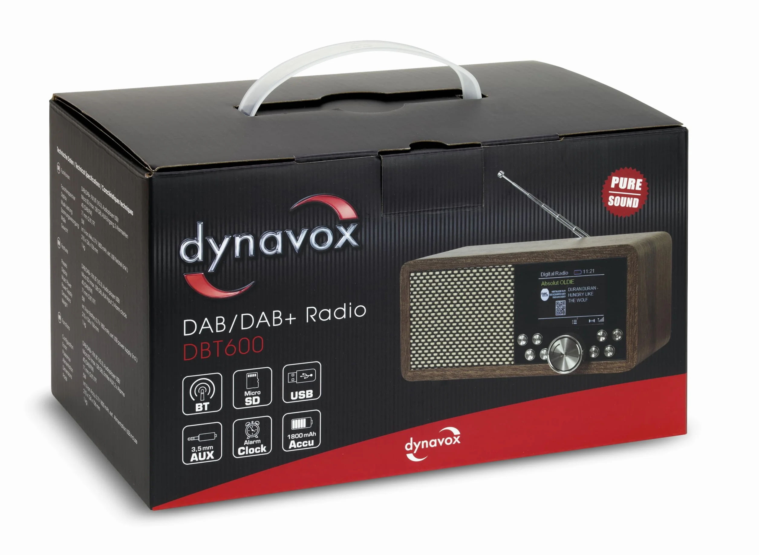 Dynavox DBT600 DAB+ Radio/digitale FM, portatile, ideale come radio da cucina/bagno/ufficio, sveglia, BT, display TFT, funzionamento a rete o batteria, USB/Micro-SD, decorazione in legno marrone
