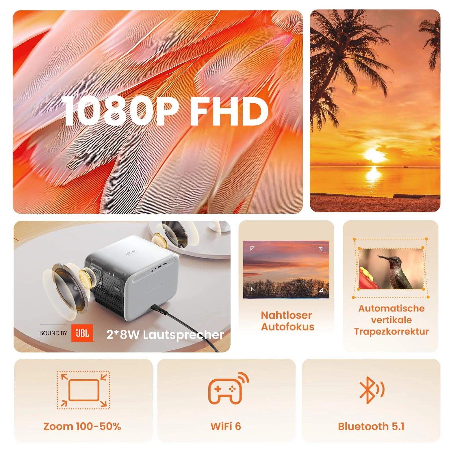 Yaber Proiettore Full HD 1080P, Audio JBL, WiFi6, Bluetooth, Autofocus, Compatibile con TV Stick/HDMI/USB/PC/PS5