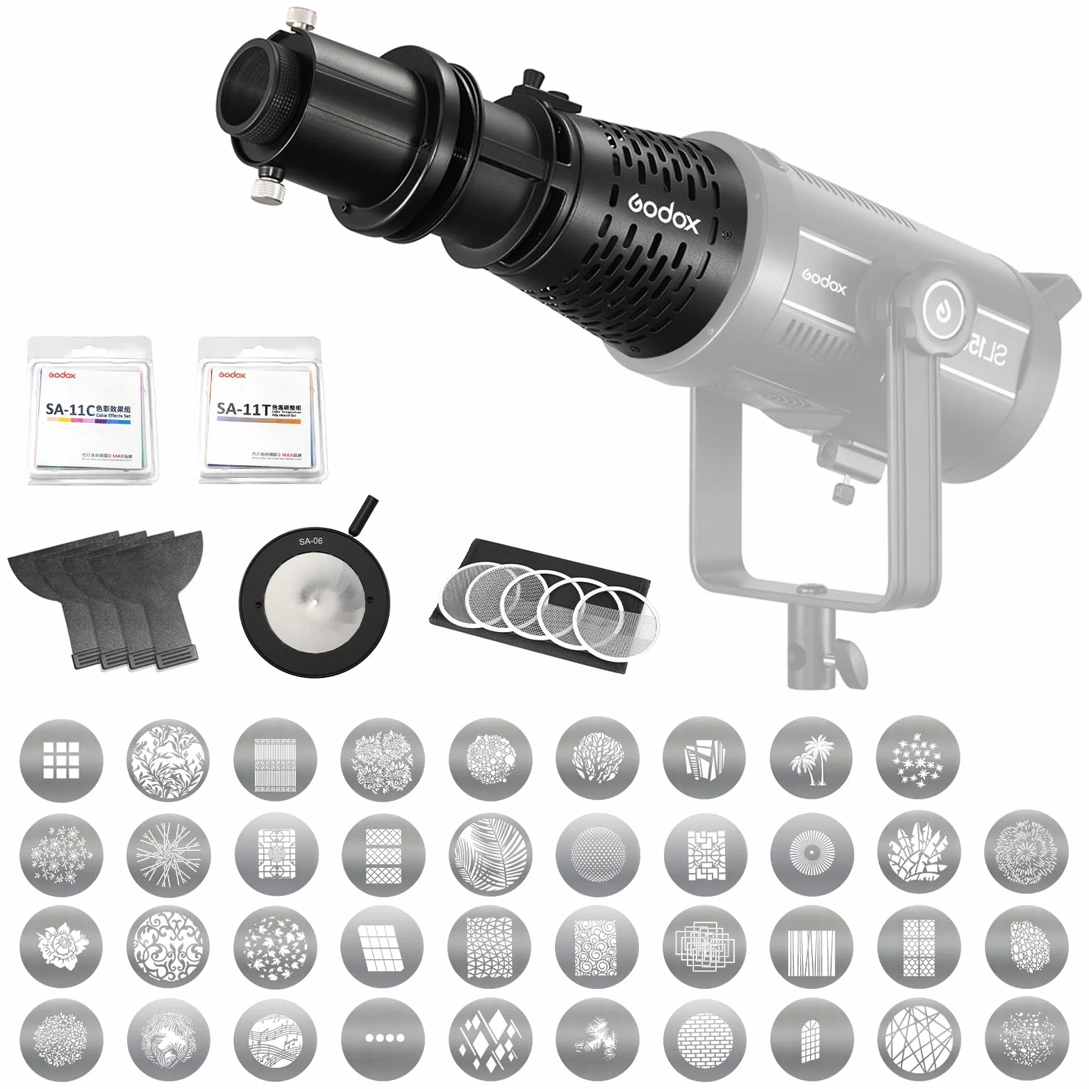 Godox SA-17 Snoot Ottico Bowens Conico Cilindro Focalizzatore Kit Con SA-P, SA-06, SA-05, SA-07, SA-11T e SA-11C per Luci Video LED Con Montaggio Bowens