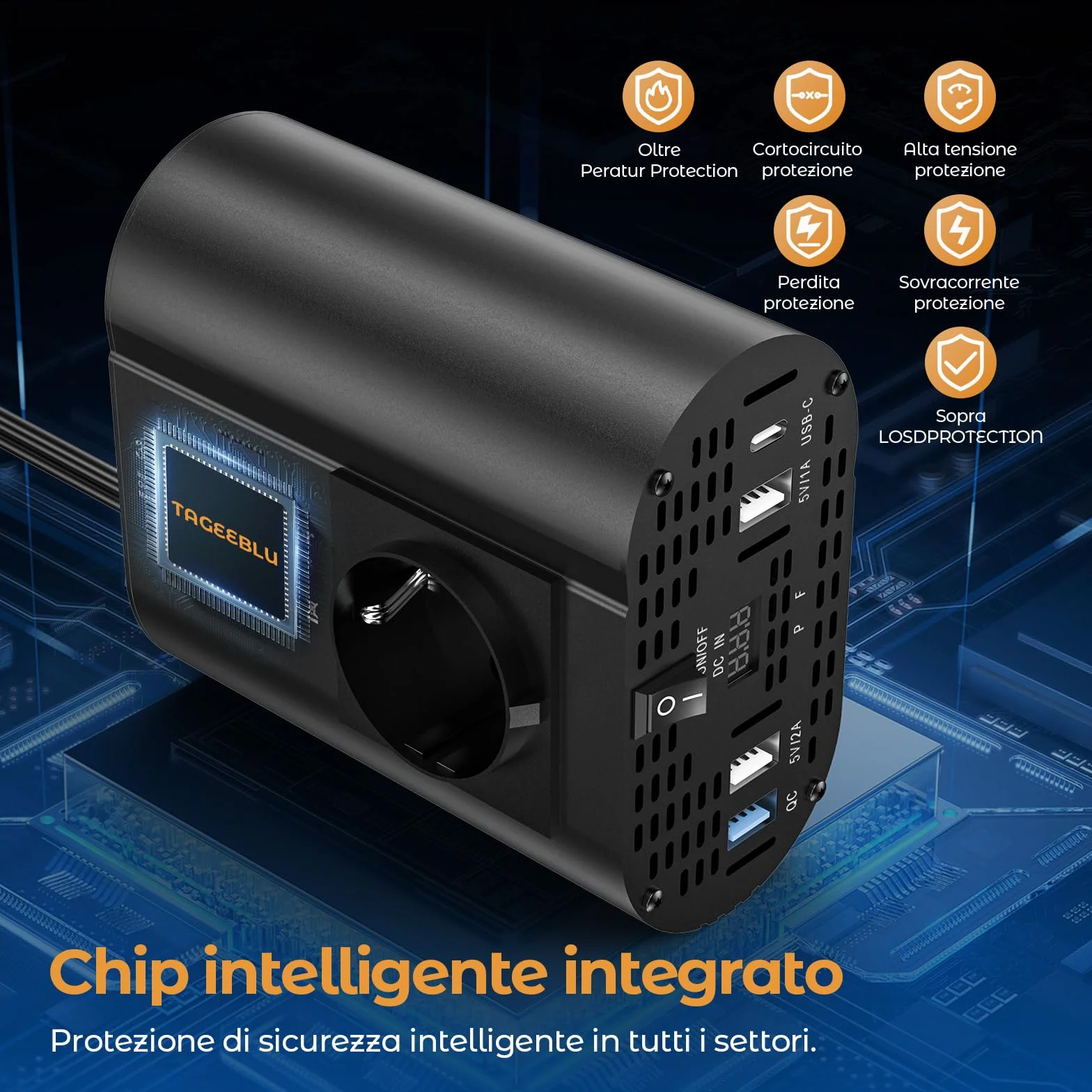 300W inverter 12v 220v, inverter auto con 1 presa, tipo C 30W, ricarica rapida USB 25W, 3 porte USB, display LED