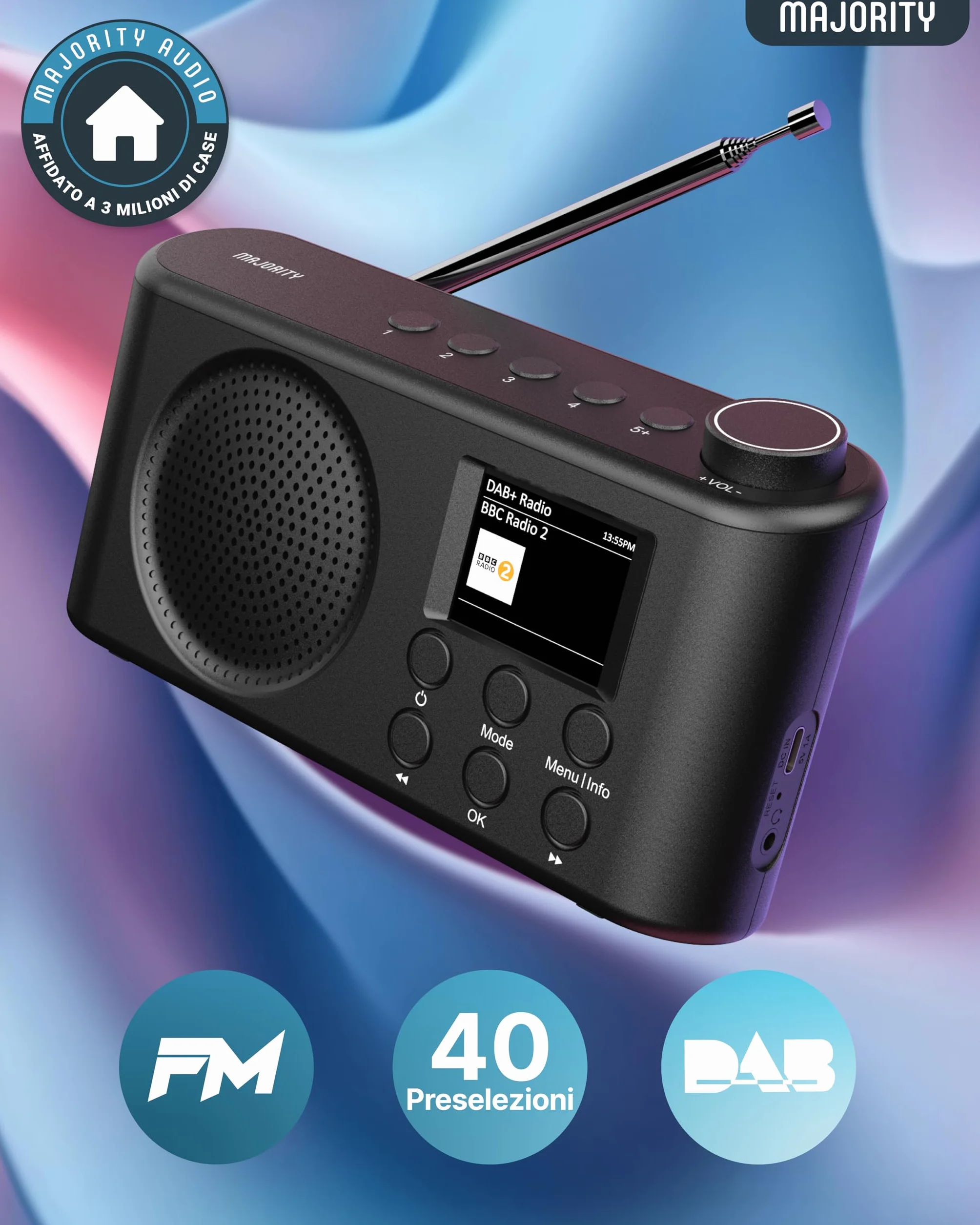 Majority Orwell Pro DAB/DAB+ Radio Portatile | Bluetooth FM, 40 Preset, 4 Pulsanti Rapidi, 15 Ore Batteria Ricaricabile USB-C, Minuterie Sonno, EQ 7 Presets, Schermo LCD | Radio Dab Casa, Viaggio