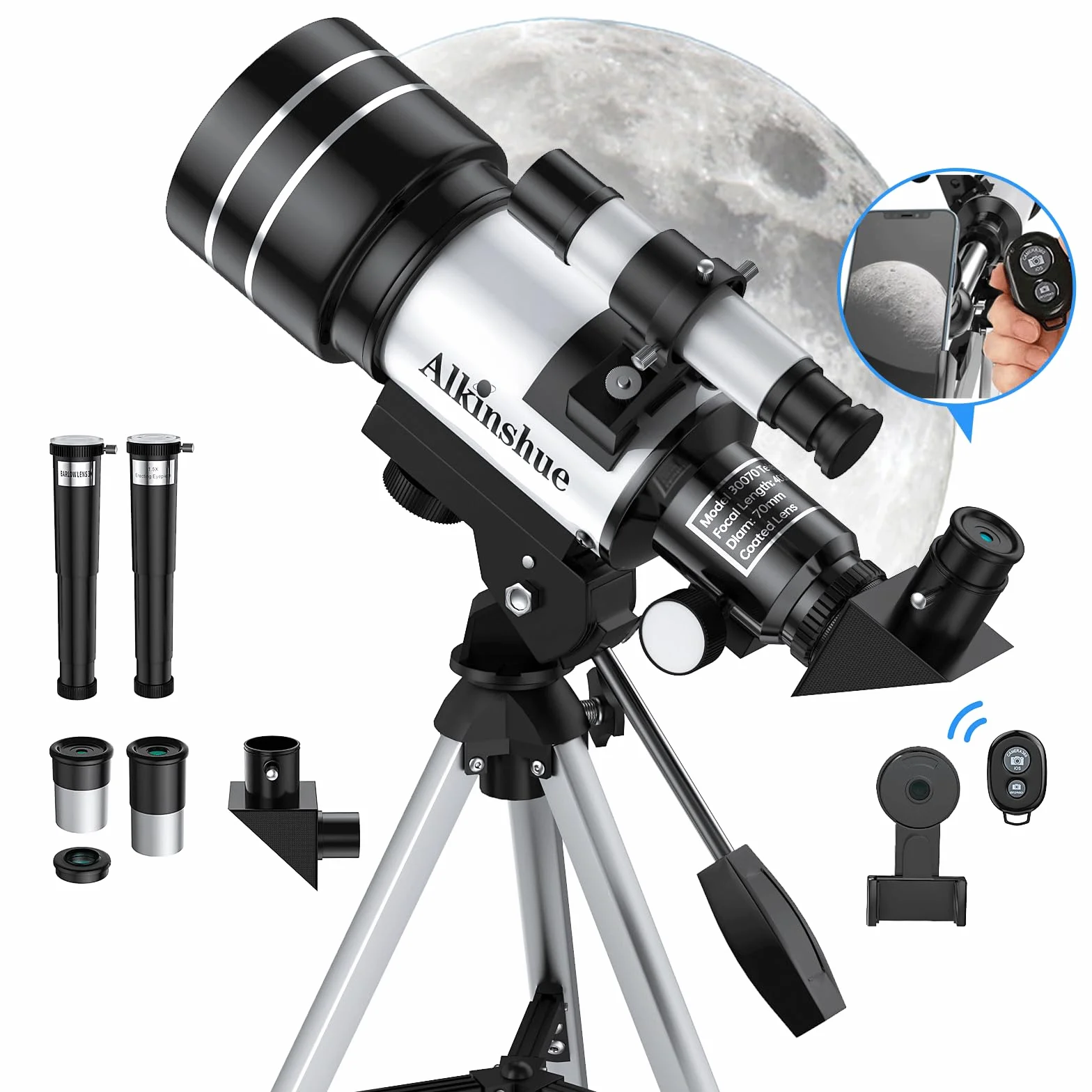 Telescopio refractor de 70 mm de apertura de 400 mm para principiantes de astronomía, telescopio refractario de alta potencia con trípode, revestimiento múltiple