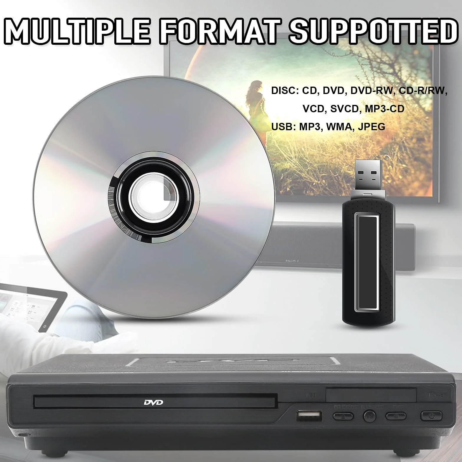 Lettore DVD, Lettore VCD per TV con Cavo AV, Lettore CD USB Multifunzione Giocatore con Telecomando per Casa Sistema stereo
