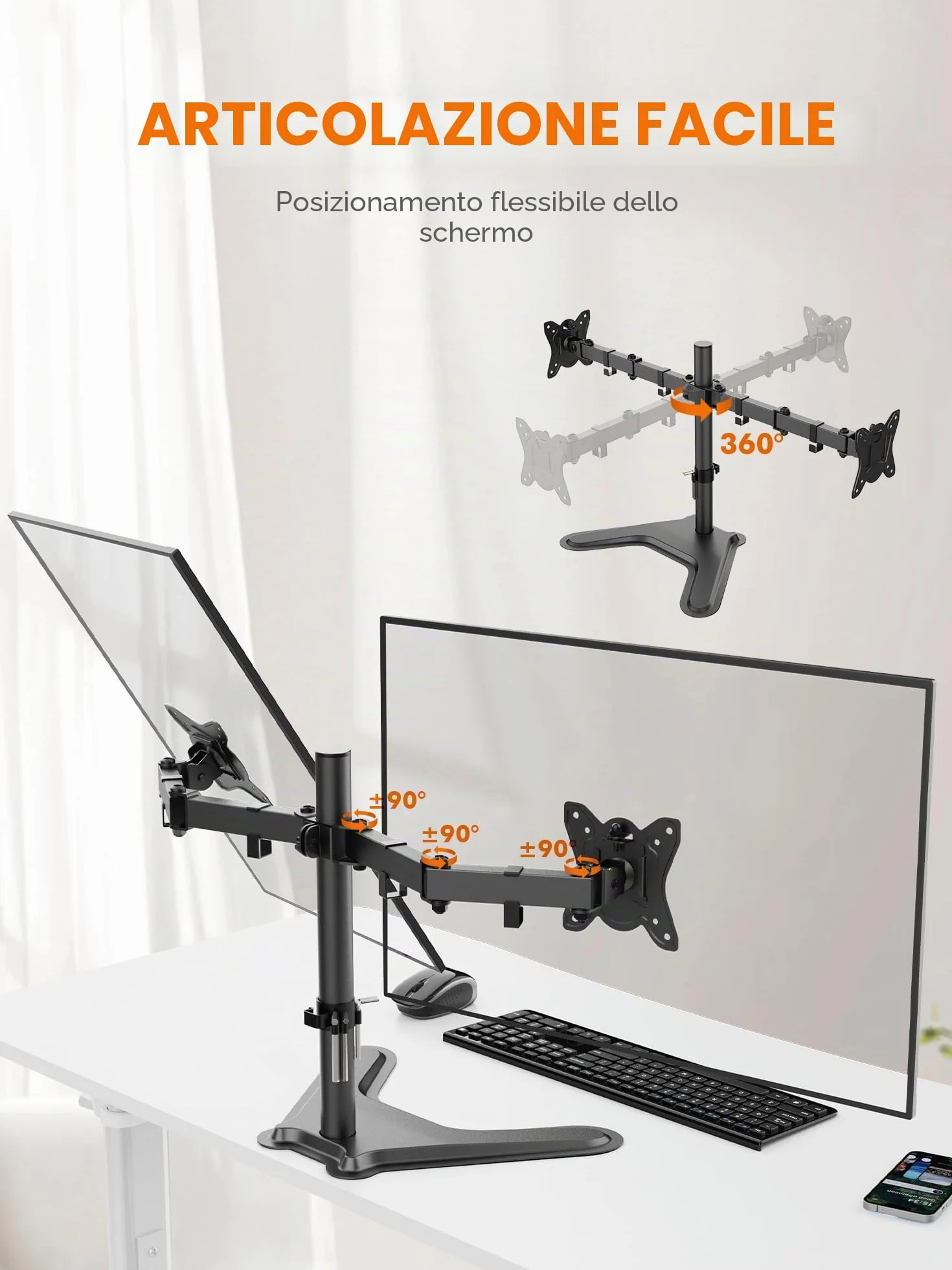 GRIFEMA Braccio Monitor Doppio per Schermi 13-32'', Supporto Doppio Monitor Altezza Regolabile, Base Allargata, Inclinazione, Girevole, Rotazione, Gestione dei Cavi, Fino a 10 kg, VESA 75/100mm