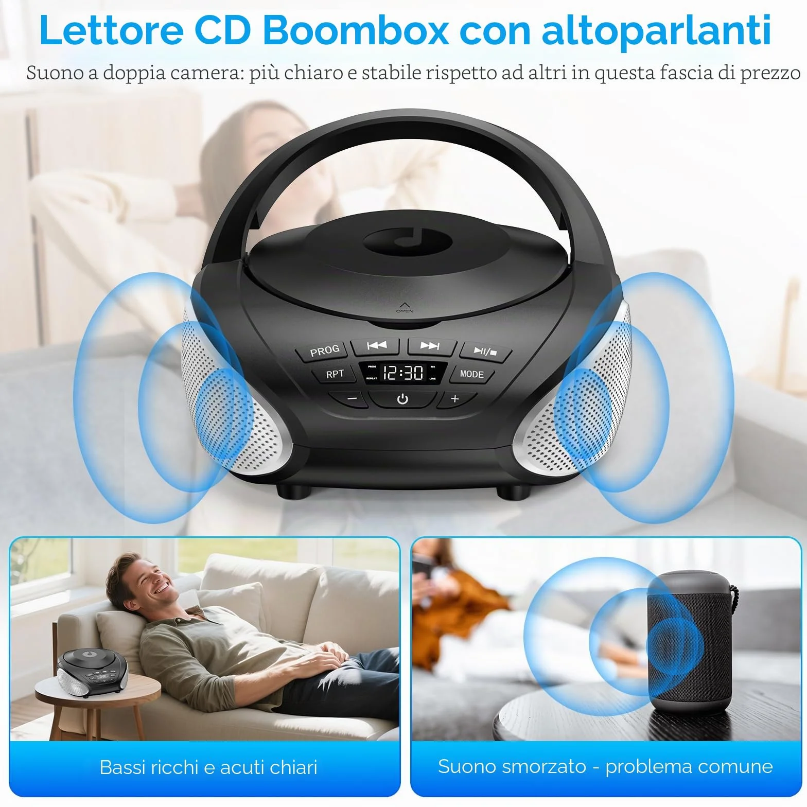Gueray Lettore CD Portatile Boombox - Radio CD Compatto con Altoparlanti Stereo, Radio FM, Ingresso AUX 3.5 mm, Jack per Cuffie e Display LCD per Interni, Esterni, Viaggi & Audiolibri (Nero + Argento)