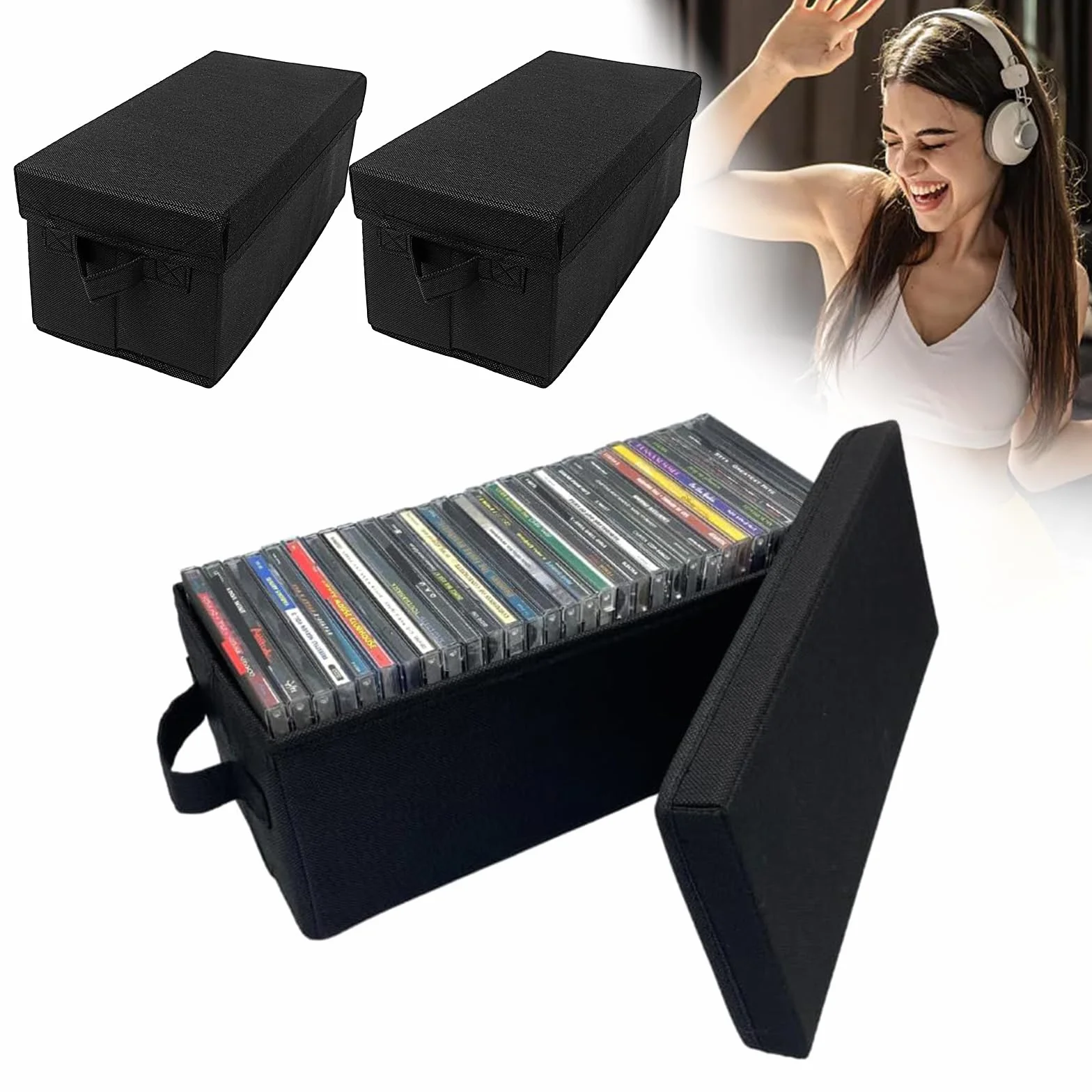 Confezione da 3 Scatola Archivio CD, contenitori impilabili per CD Oggetti con Coperchio Pieghevoli Scatole Portaoggetti con Manici, per Guardaroba, Armadio, Scaffali