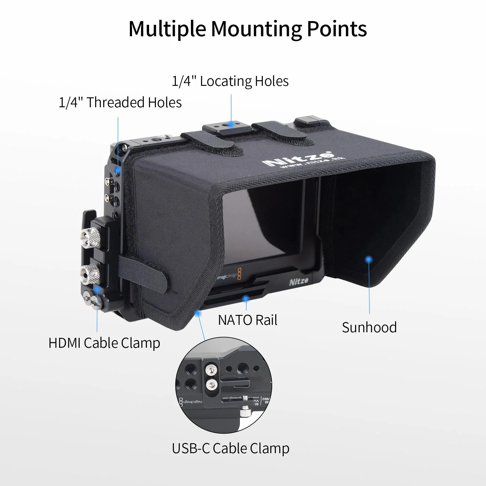 Nitze Kit Gabbia per Blackmagic Video Assist 5" 12G / 3G con Parasole, Morsetti per Cavi HDMI e USB-C - JT-B01B