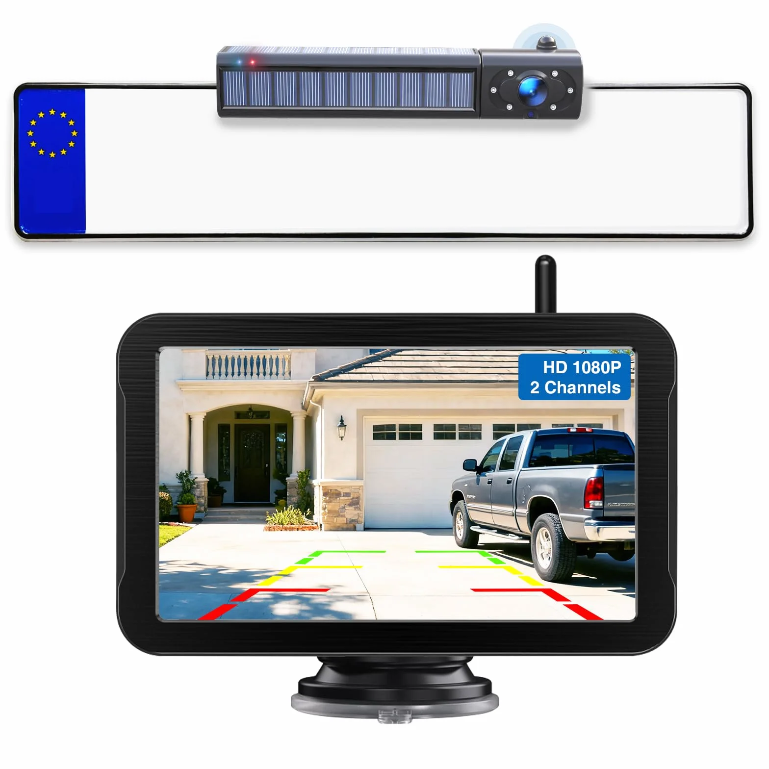 PARKVISION Telecamera di Retromarcia Wireless con Monitor 5" e Pannello Solare - Kit Senza Fili, Batteria Integrata 5000mAh, per Camper, Roulotte, Furgoni, Auto