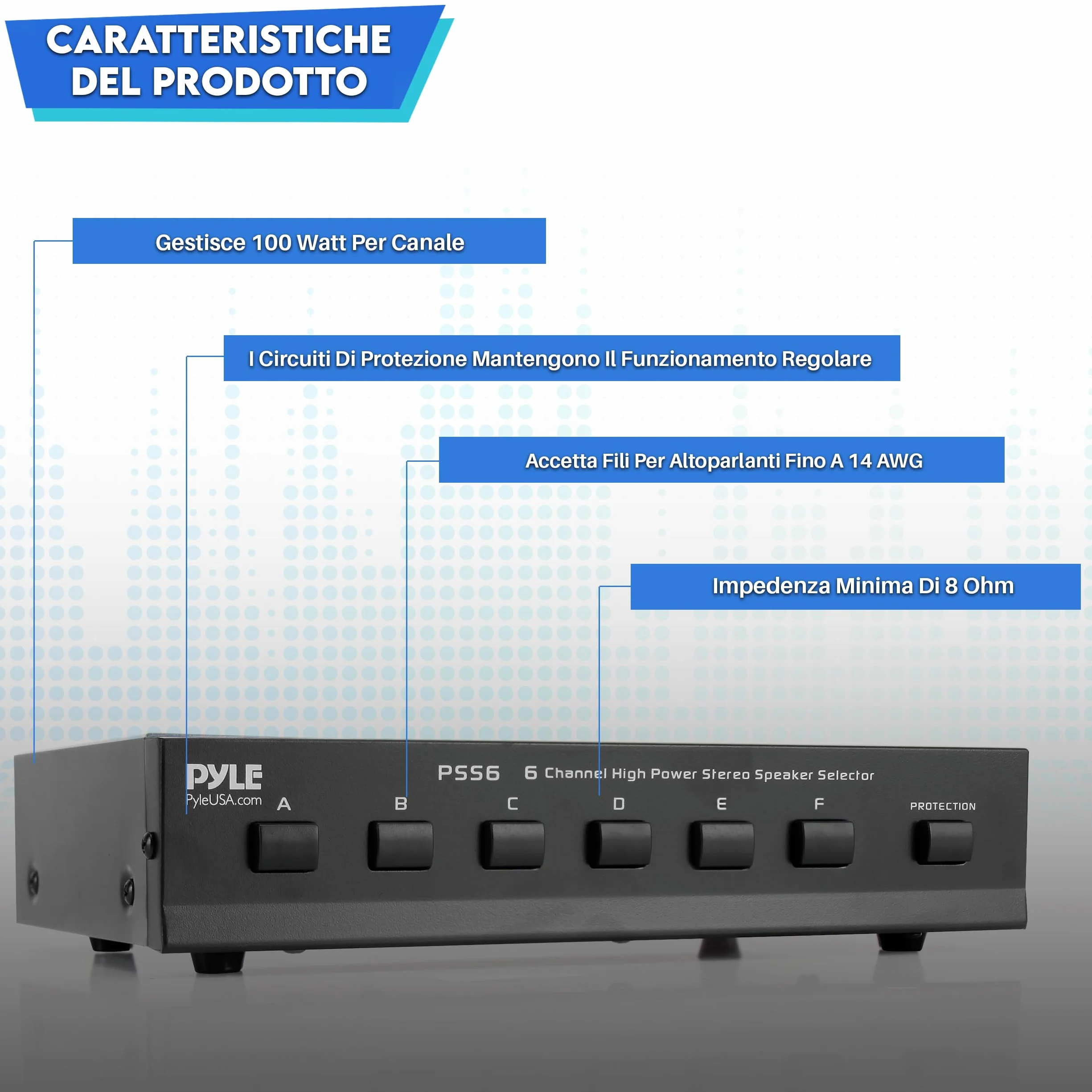 Pyle Amplificatore Audio Stereo Selettore Altoparlanti 6 Zone Interruttore Multi-Canale