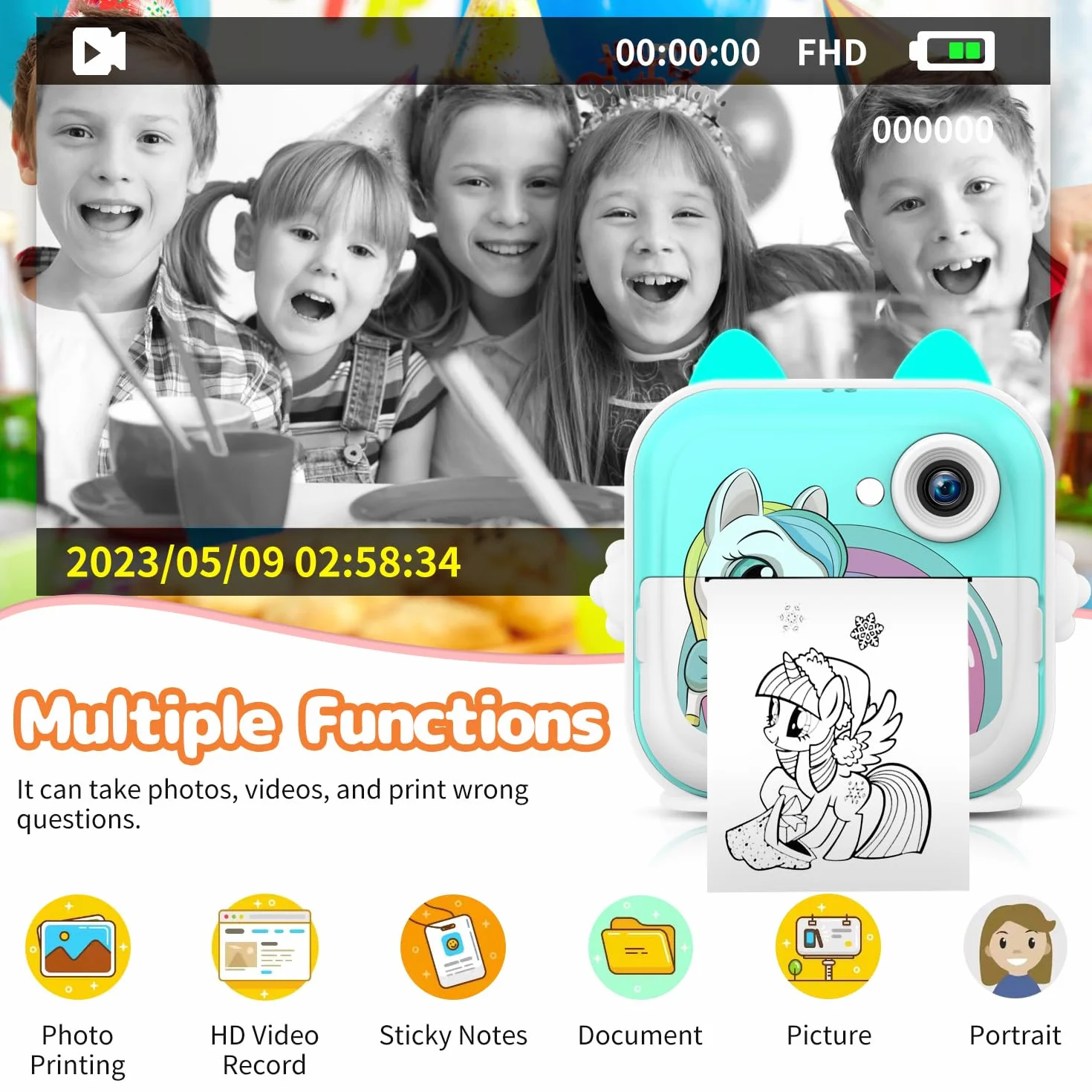 Macchina Fotografica Istantanea per Bambini,2,4 Pollici Digitale Fotocamera Instant Print 1080P HD Videocamera Obiettivo Fotocamera con 32GB Scheda e Carta Fotografica per Stampa，Regalo di Compleanno