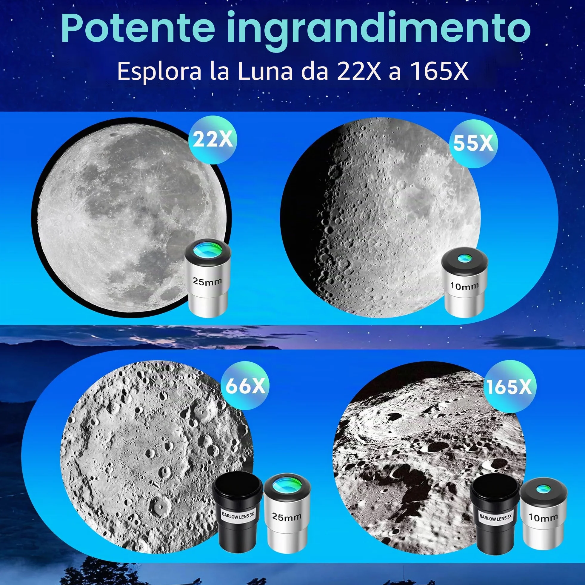 Telescopio Astronomico Professionale per Adulti Principianti, 90/550mm Telescopi Riffrattore(22X–165X) con Treppiede Regolabile Adesivi con Elementi Cosmici & Borsa da Trasporto