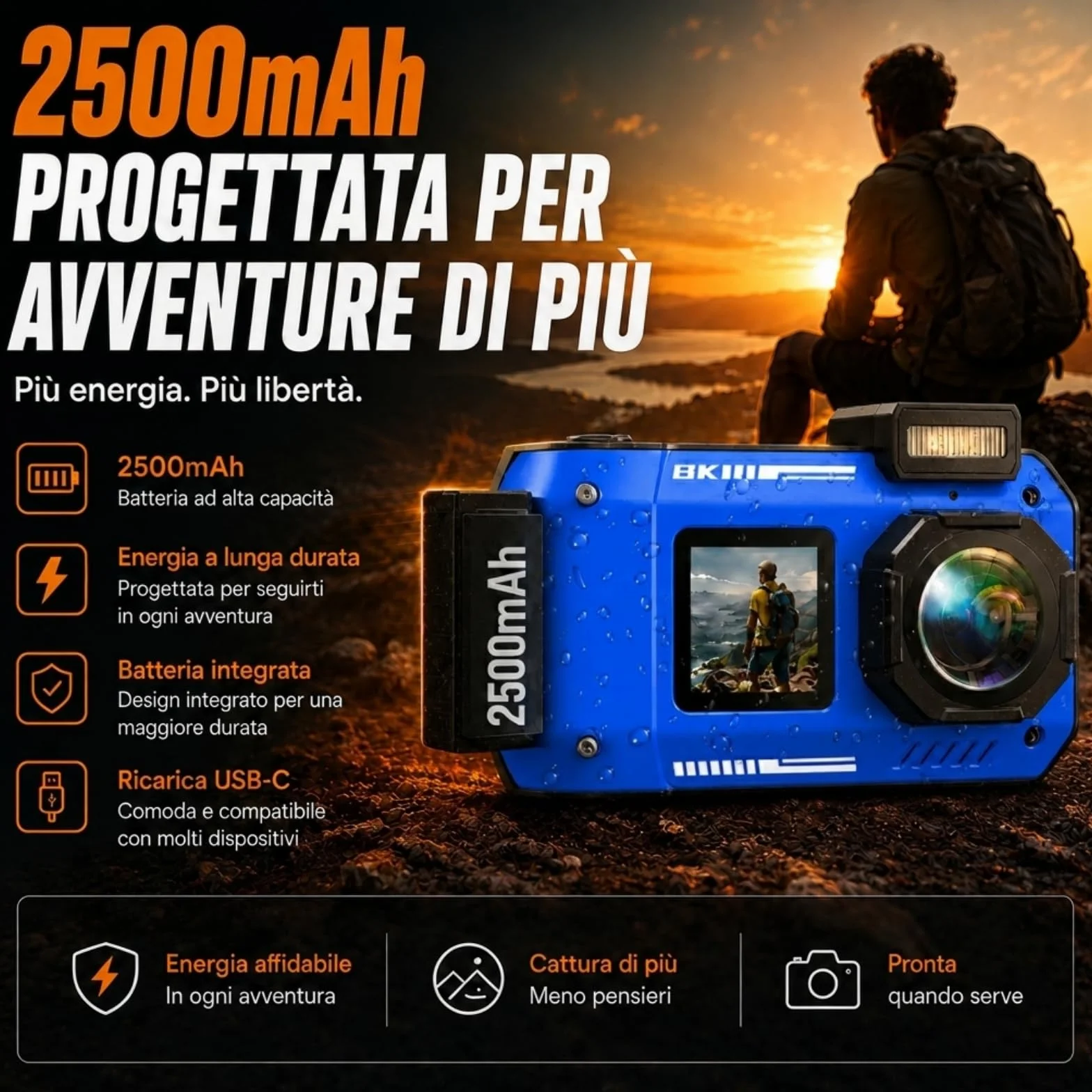 MaxMango D50 33FT Macchina Fotografica Subacquea Impermeabile, 8K 70MP Fotocamera Digitale con 16 GB di Scheda, Doppio Schermo 2.8'' per Selfie, 18x Zoom, Resistente a Polvere e Urti per Snorkeling