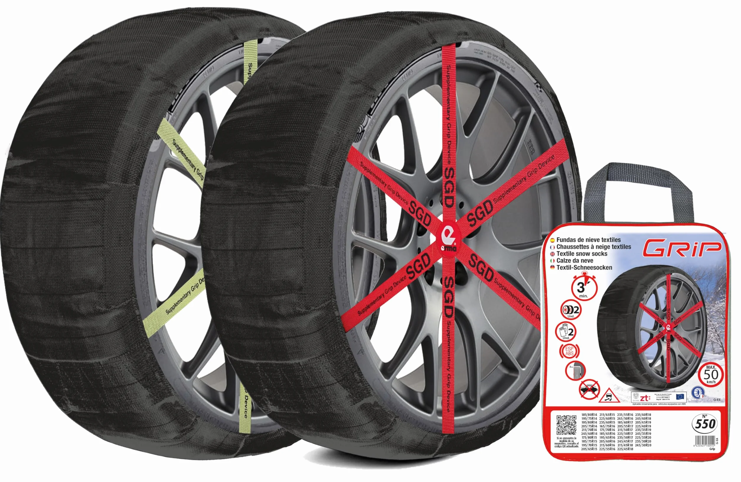 Grip Catene da Neve Tessile, Taglia N. 550, Set 2 PZ,Guanti Inclusi