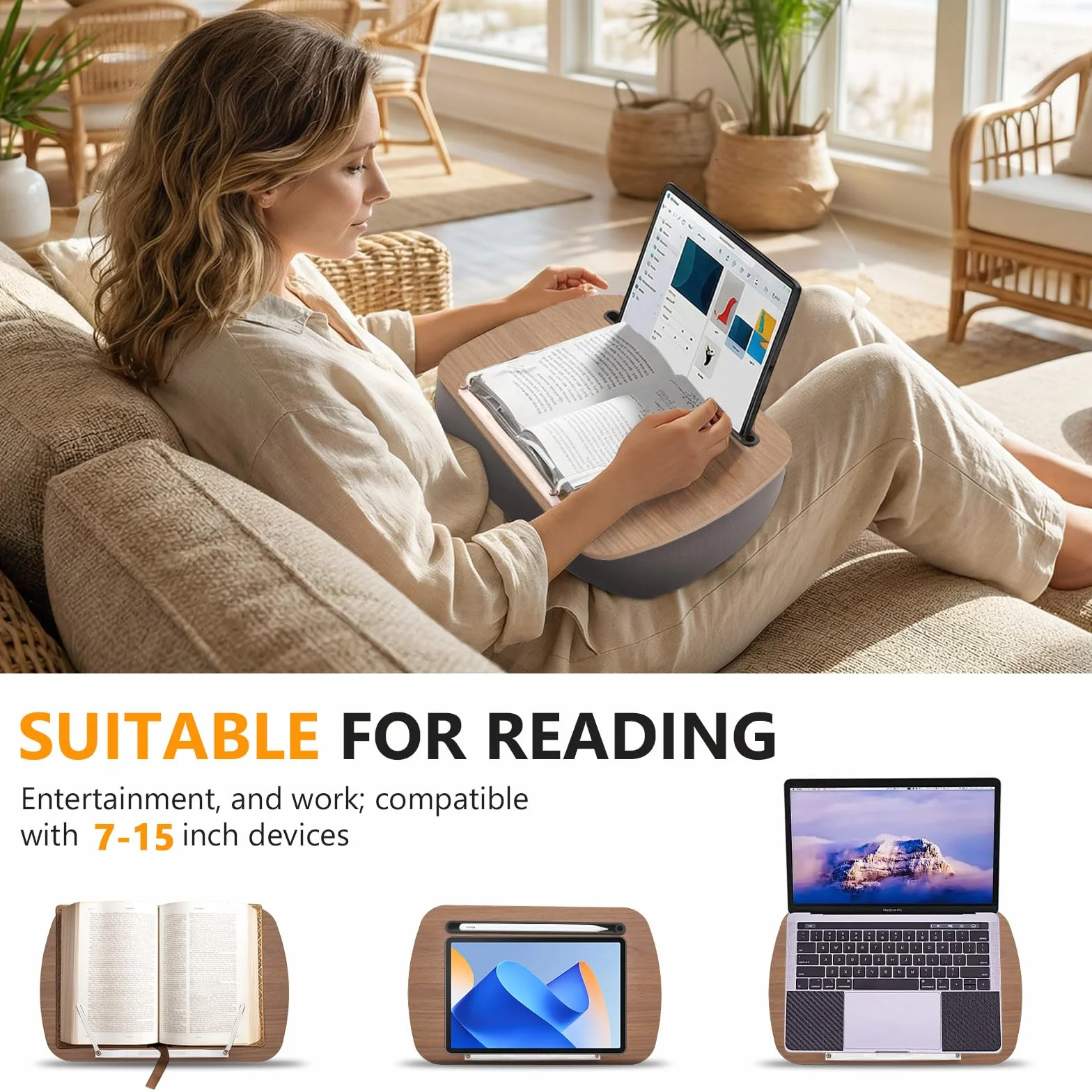 Supporto Per Libri a Sacco Pouf Porta Libri, Tavolino da Grembo per Divano, Letto, Scrivania - Porta Libri Leggio da Letto con Fermapagine - Compatibile con Computer Portatile e Tablet