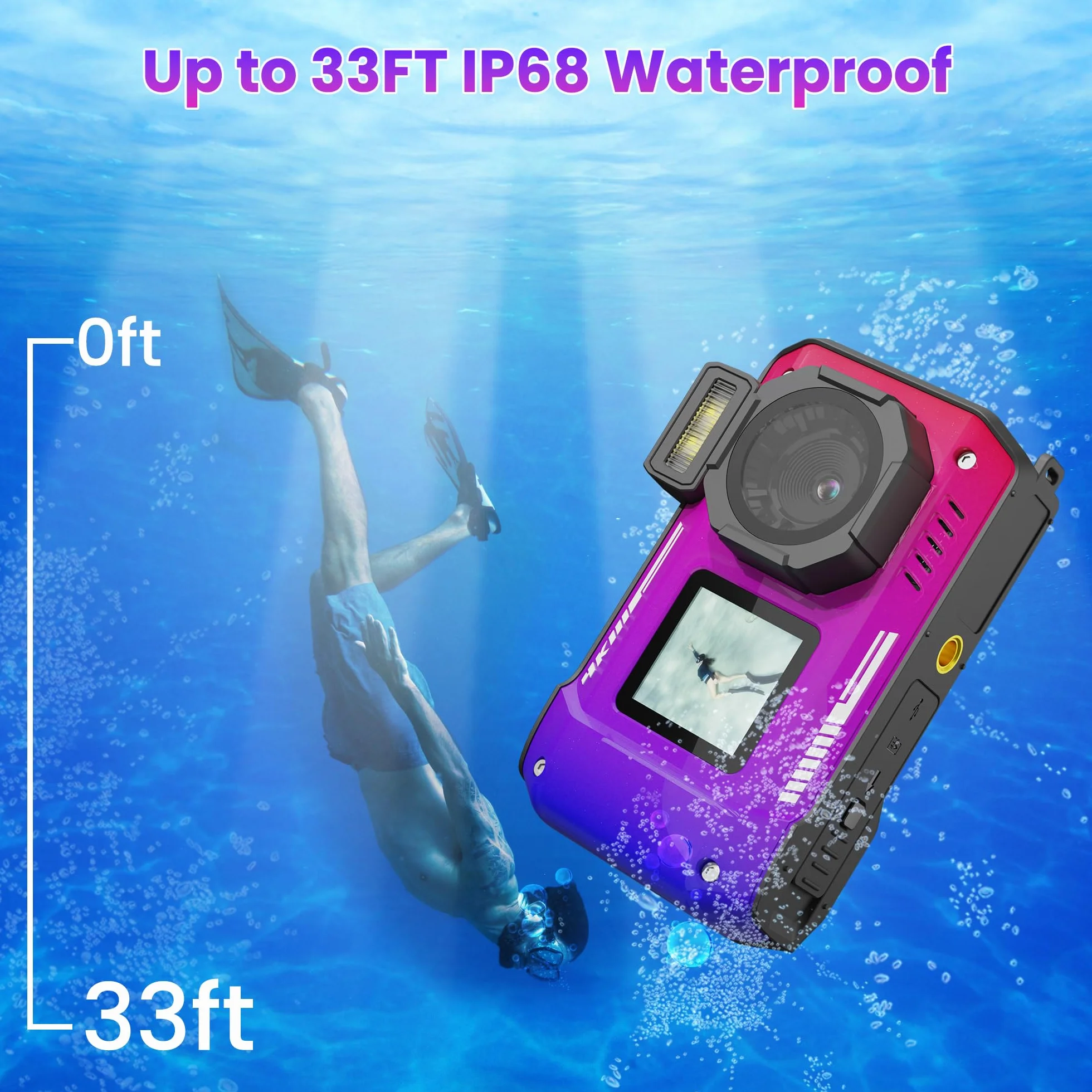 Fotocamera digitale 4K 33FT con scheda 64G, fotocamera subacquea da 48 MP, impermeabile, robusta, antipolvere, antiurto, per snorkeling, immersioni, selfie, doppio schermo, punto e fotocamera digitale