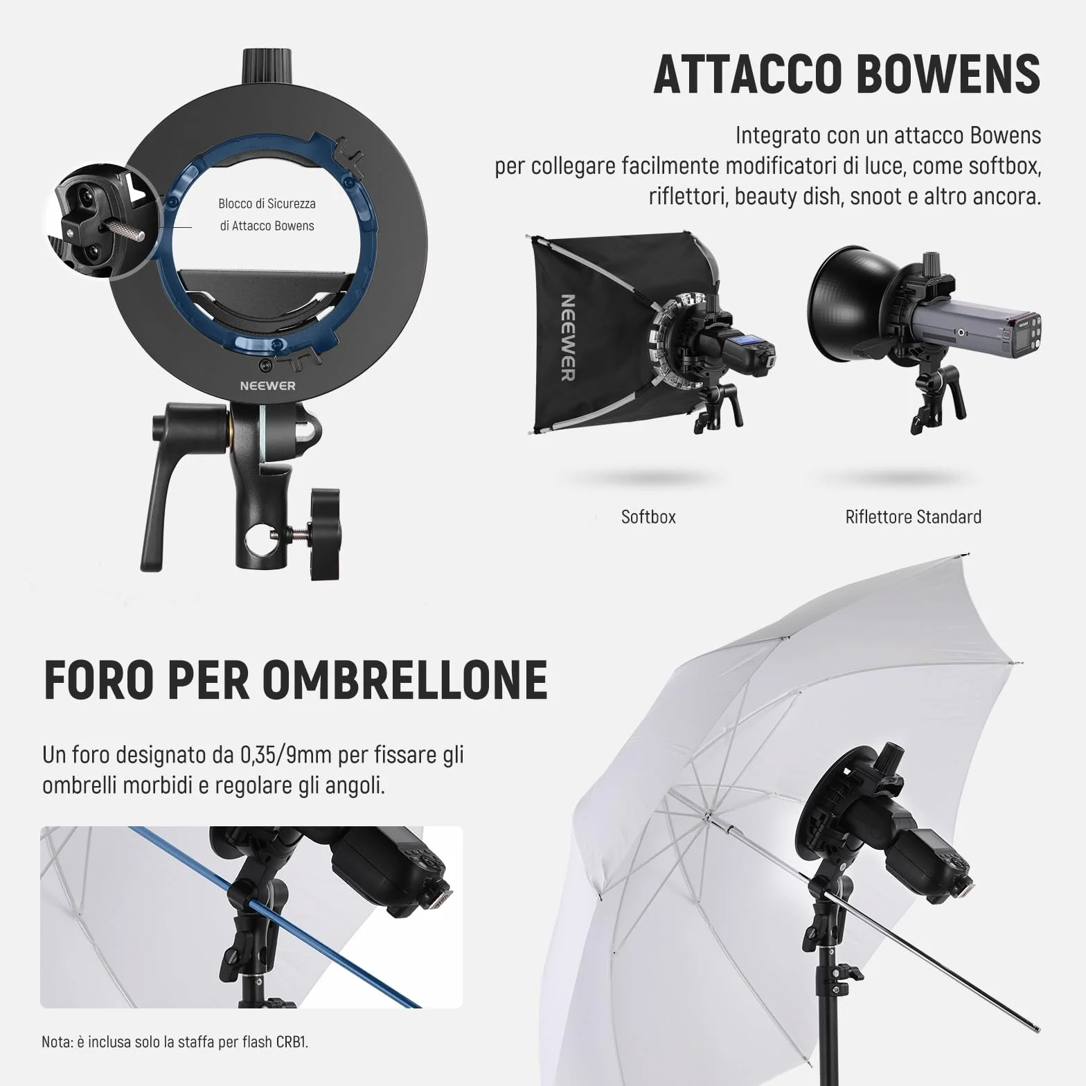 NEEWER CRB1 Supporto a Staffa Tipo S con Attacco Bowens e Foro per Ombrello per Flash Speedlite a Testa Quadrata/Rotonda Z2 Z1 Z760 NW760 NW700 TT560 Q3, Compatibile con Godox AD200Pro V1