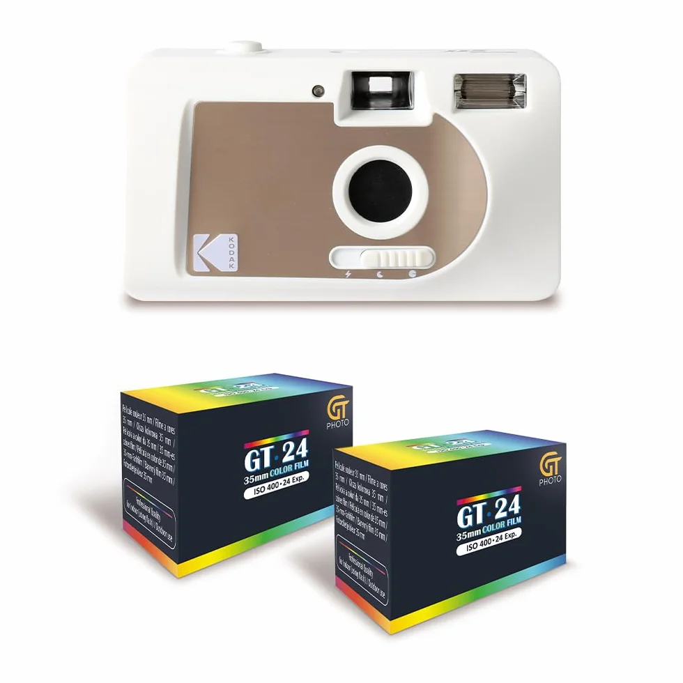KODAK Motorized S88 - Macchina fotografica in argento motorizzato, avvolgimento automatico, compatto, colore: bianco/marrone + 2 pellicole compatibili35 mm, 24 esposizioni
