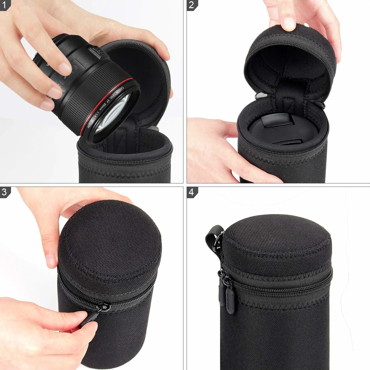 Arvok Sacchetti Lenti, 4 Custodia per Obiettivo Set per Proteggere Lenti DSLR, Neoprene con Morbida Spessore in Peluche per Nikon, Tamron, Sigma, Pentax, Sony(Piccola, Media, Grande e XL) (Nero)