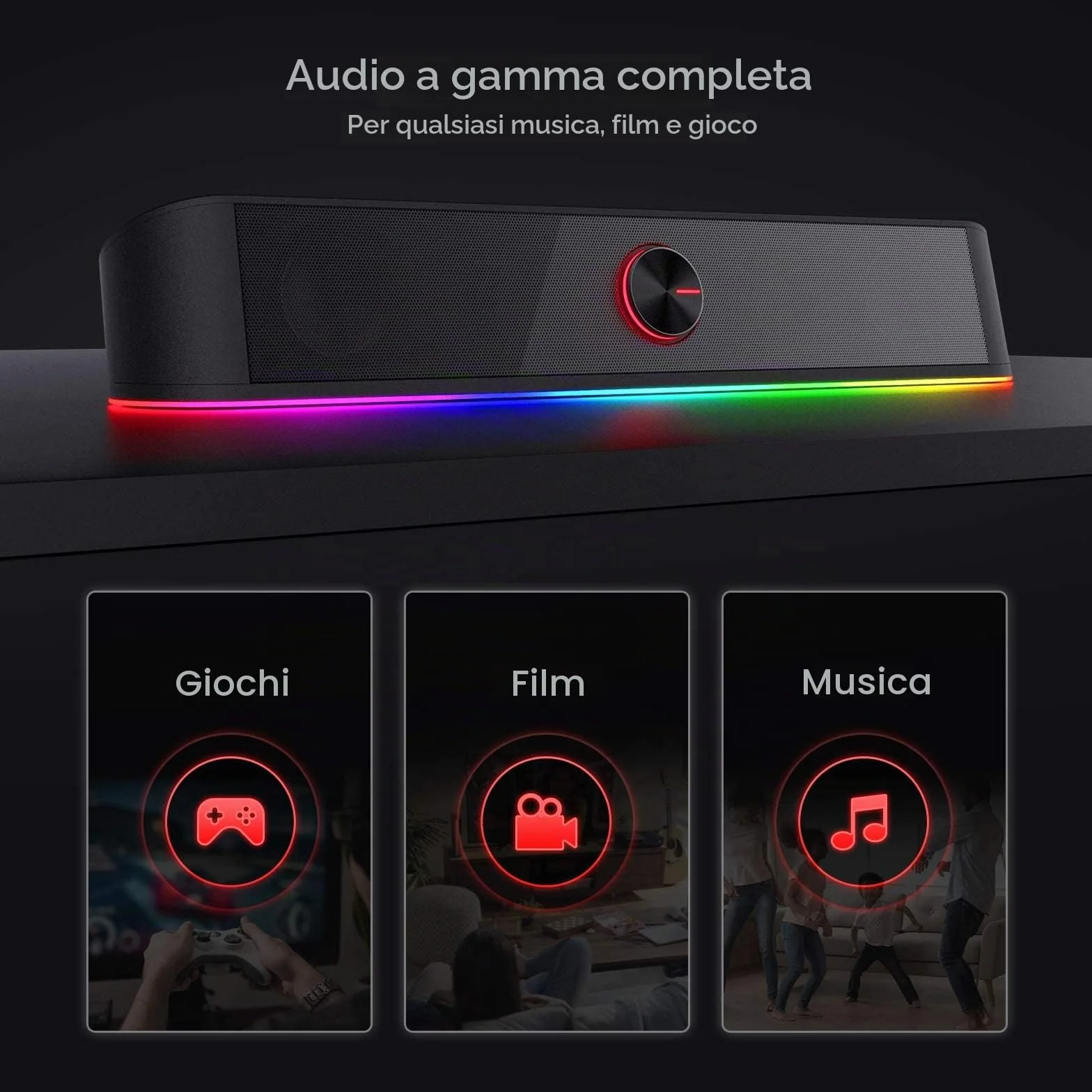 Redragon GS560 Adiemus RGB Desktop Soundbar, Altoparlante per computer a 2.0 canali con barra di illuminazione dinamica, sincronizzazione audio/luce, retroilluminato con controllo touch con manopola