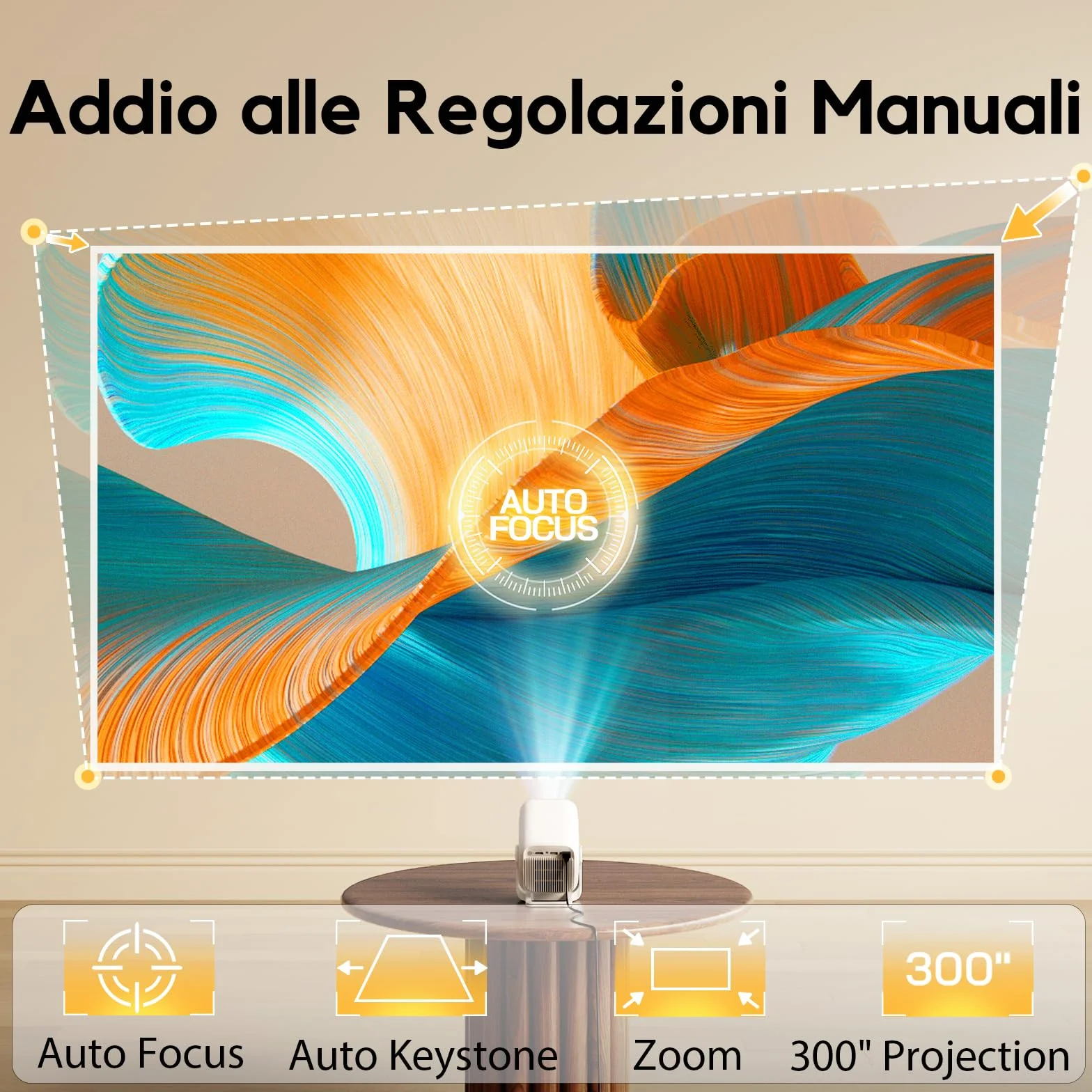 [Apps integrate & Auto Focus] AKIYO O4 Proiettore 4K con WiFi 6 Bluetooth 5.2, 1080P Nativo Proiettore Portatile Auto Keystone Rotabile 120°,per HDMI/USB/Smartphone