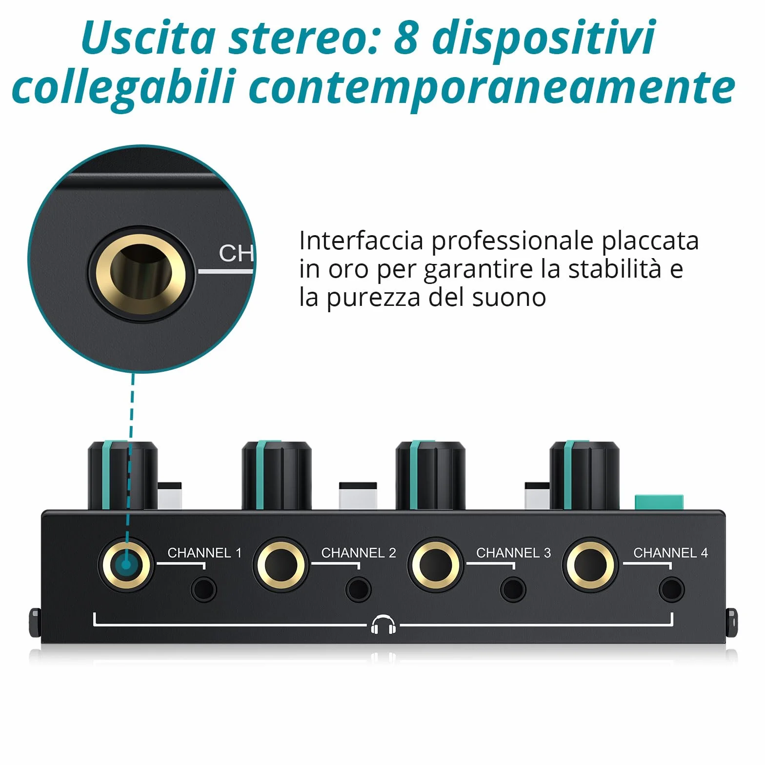 Amplificatore per Cuffie Professionale 4 Canali Audio Mono/Stereo con Ingressi 3,5 mm/6,35 mm per Club, Bar, Mixer
