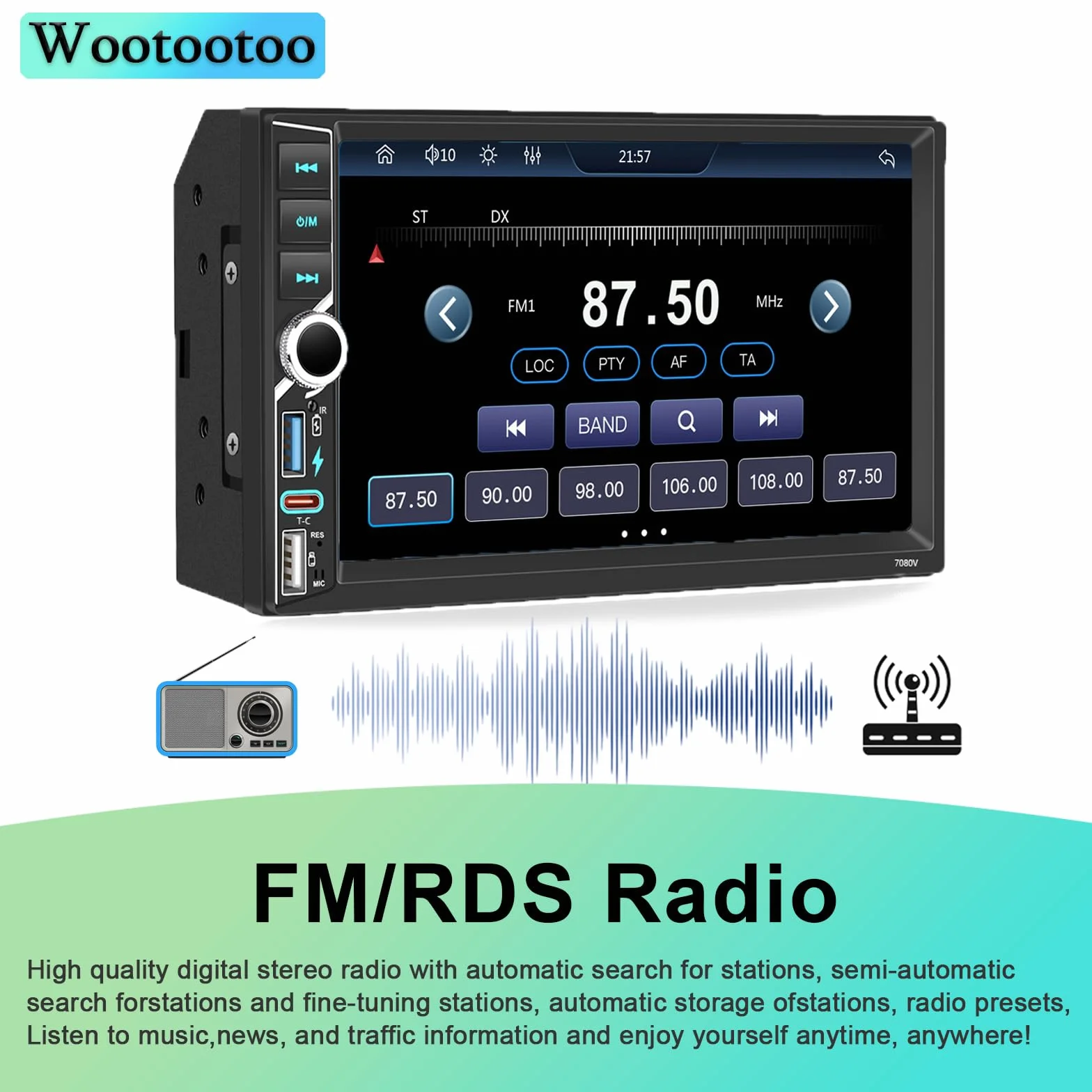 Autoradio 2 DIN 7 Pollici HD Touch Screen con Wireless Carplay e Android Auto, Radio FM RDS