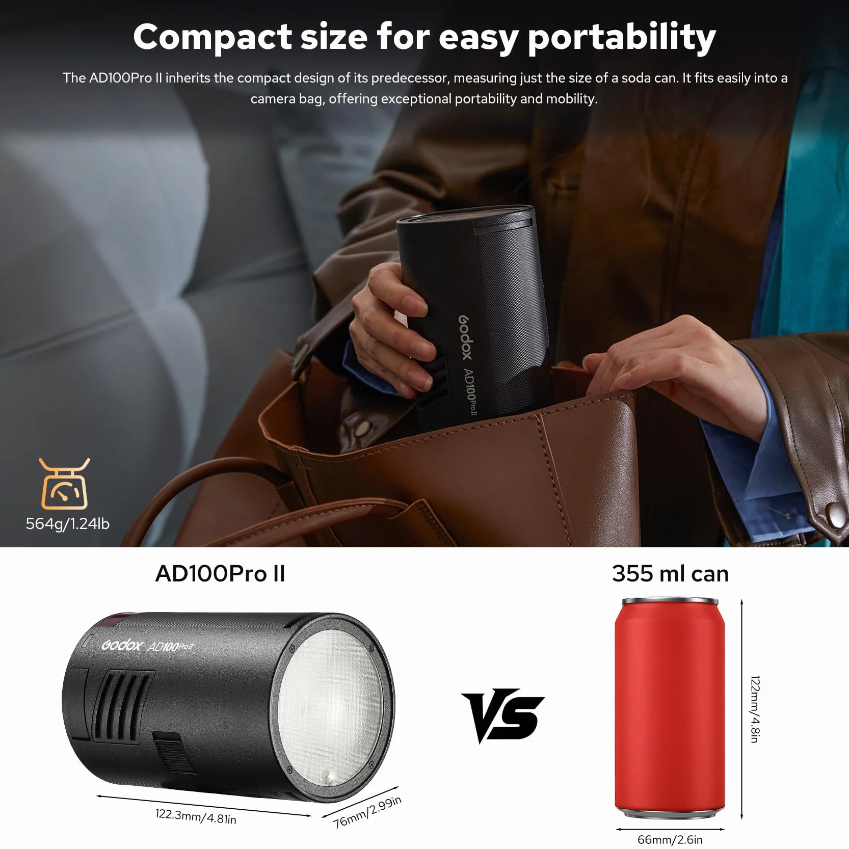 GODOX AD100ProII Pocket Flash Speedlite 100Ws TTL HSS 1/8000s 2,4GHz Strobe Light 0,01s-1,5s Riciclo LED 2W Batteria 7,2V 2850mAh