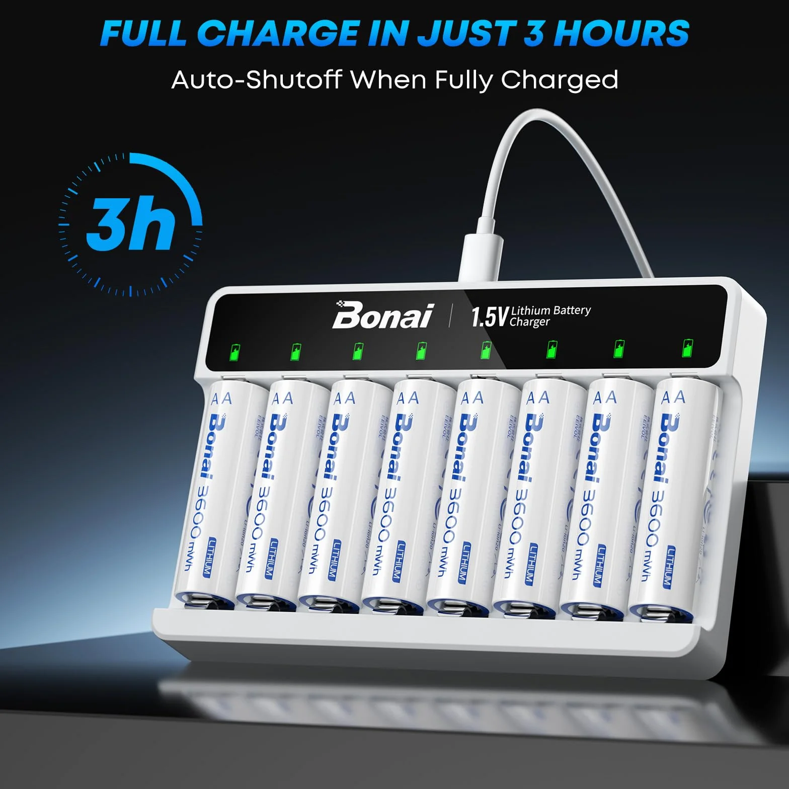 BONAI AA Lithium Batterie Ricaricabili 1,5V 3600mWh 8 Pezzi Pile Ricaricabile Al Litio AA con Caricabatterie Ricarica Rapida Type-c Adatto per Telecamere, Serrature Intelligenti, Torce Elettriche, ecc