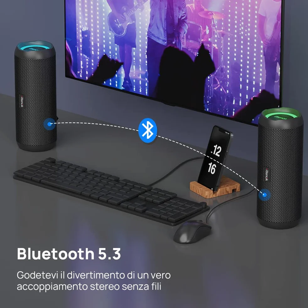 RIENOK Cassa Bluetooth Portatile Potente 30W IPX7 Impermeabile Altoparlante Bluetooth, Bassi Potenti, Luce LED, AUX & Micro SD
