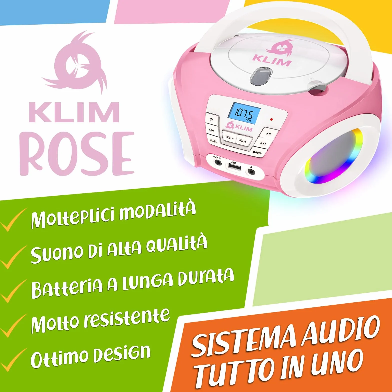 KLIM Candy Kids - Lettore CD portatile, nuova versione con radio FM e altoparlanti, batterie incluse, design rosa carino per bambini e bambini, rosa
