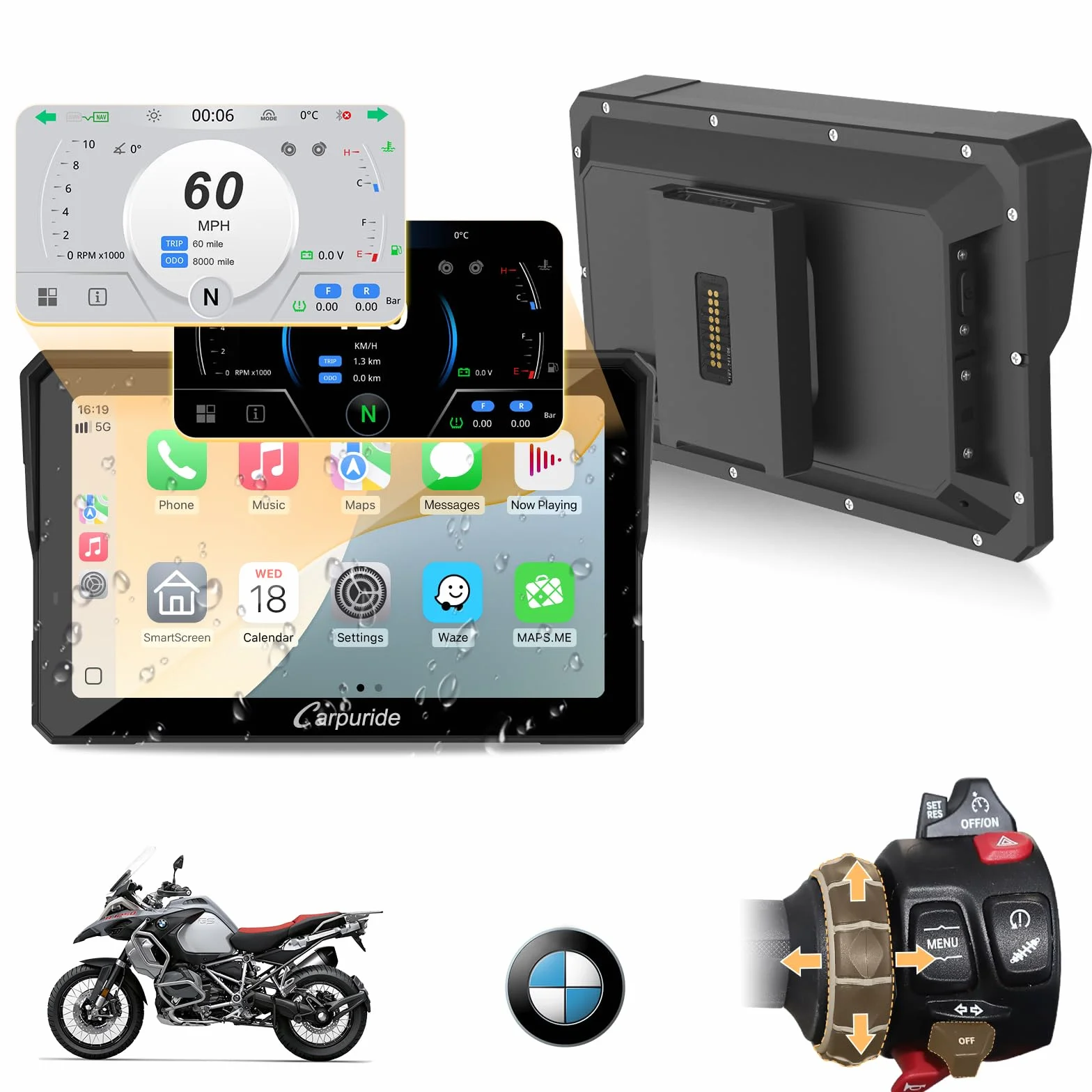 Carpuride W702BS Pro Moto Carplay Schermo con Wonder Wheel per BMW Moto, Senza Fili CarPlay e Android Auto, 7 Pollici Impermeabile Touchscreen, Doppio Bluetooth, Interfono Funzione, Dati Lettura.