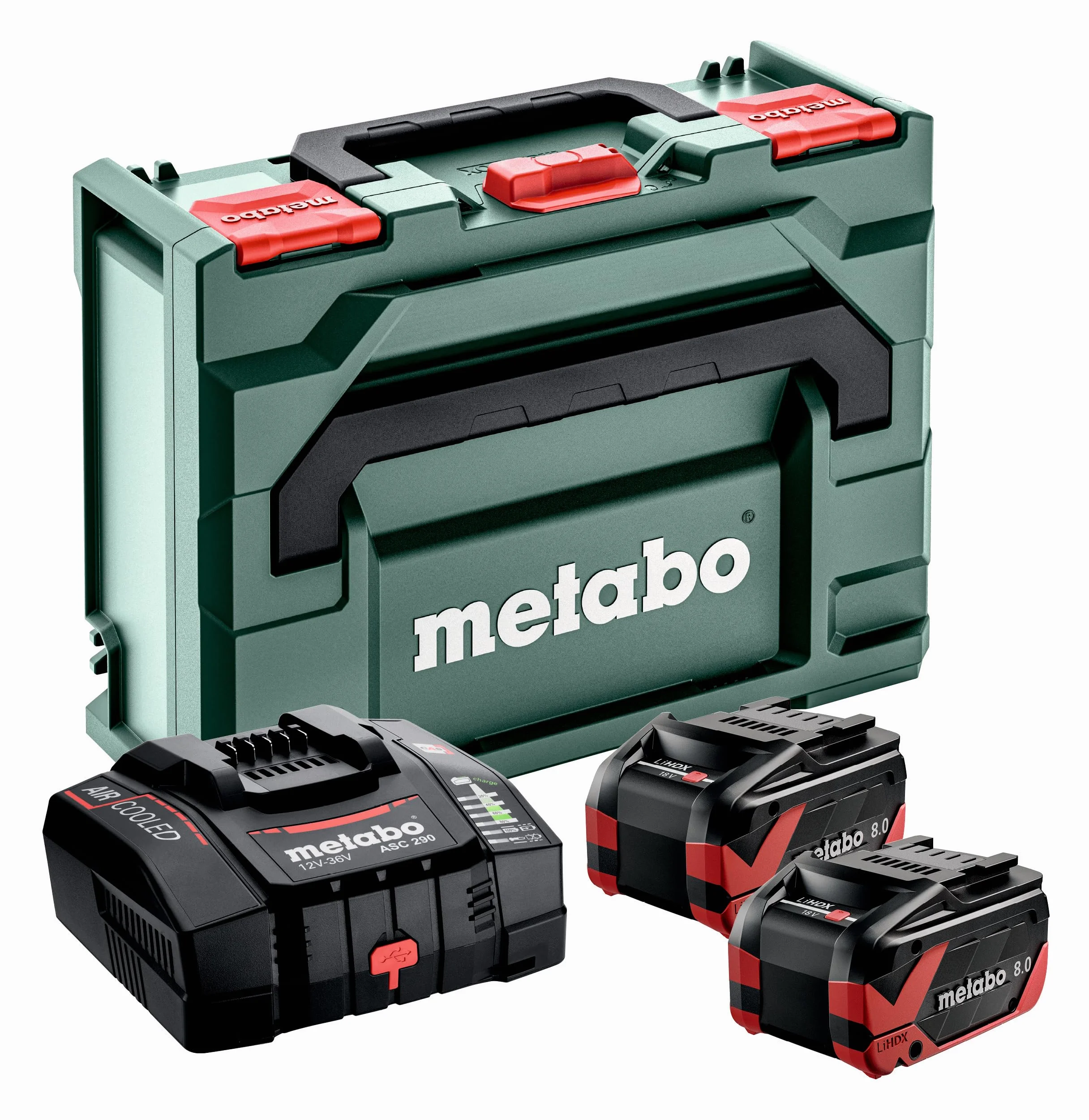metabo Set base – 2 batterie LiHDX 8.0 Ah, caricatore rapido ASC 290, metaBOX 145 – potente, durevole, tecnologia batteria 18 V – ideale per i professionisti
