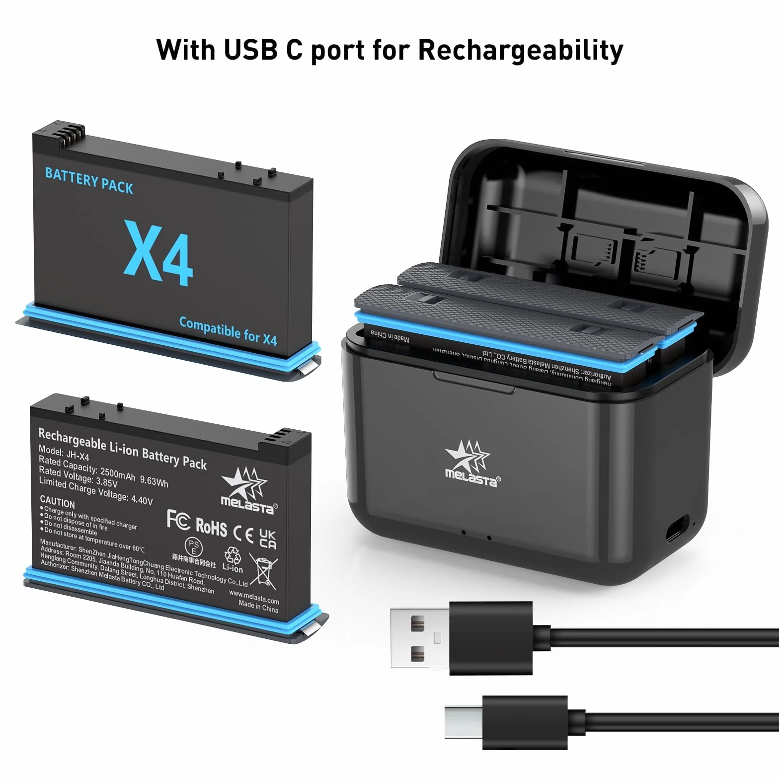 melasta per Insta360 X4 Batteria al Litio Ricaricabile, 3,85V 2500mAh Batteria x4 e Caricatore Con 2 Batterie e 1 Caricatore (con Slot per Schede)