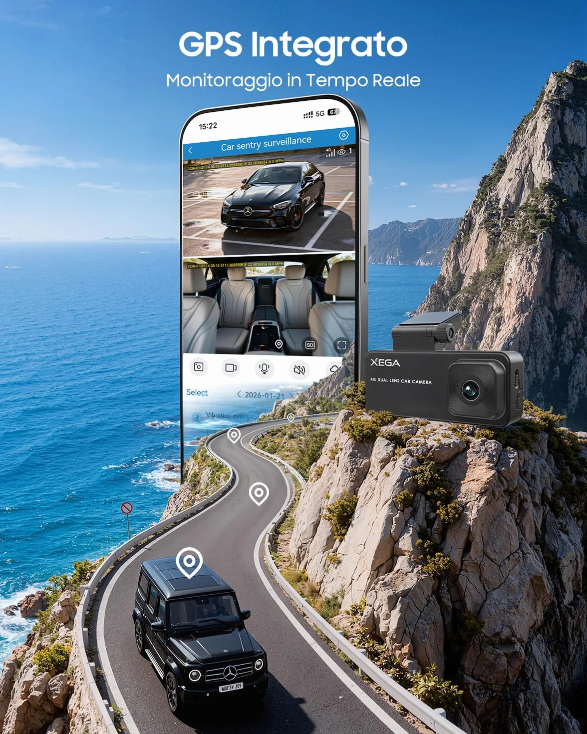 XEGA Dash Cam Auto 2K 4G con Scheda SIM, GPS, Monitoraggio di Parcheggio, Rilevamento Collisione/Movimento Radar, Audio Bidirezionale, Modalità Privacy, Video in Diretta/Cloud