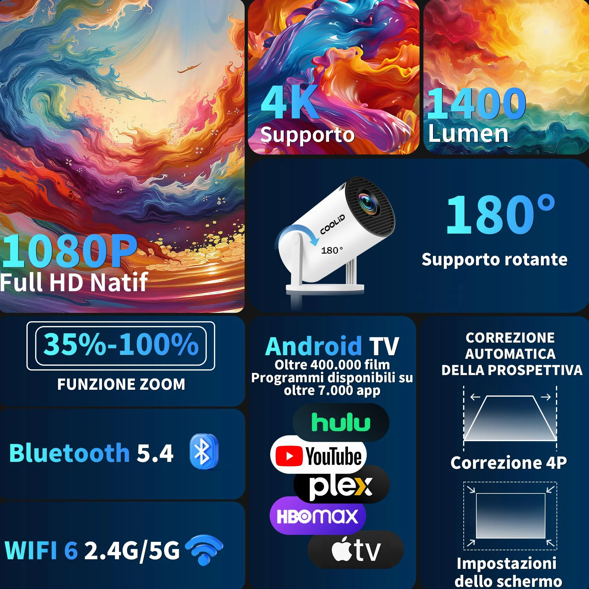 Mini Proiettore [App Integrata & 2026 Upgraded] Proiettore Portatile 4K 1080P con 5G WiFi 6 e BT 5.4 Supporta Rotativo 180° Correzione Trapezoidale Automatica Applicabile TV Stick/USB/HDMI,Bianco