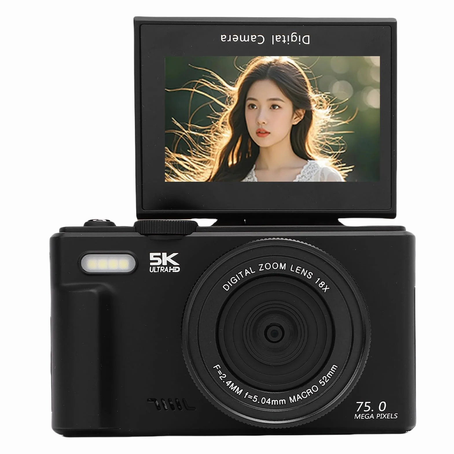 Annadue Fotocamera Digitale 5K da 75 MP, Fotocamera per WiFi con Schermo Ribaltabile a 180°, Compatta con Zoom 18X con Messa a Fuoco Automatica, Inquadra e Sca (64GB)