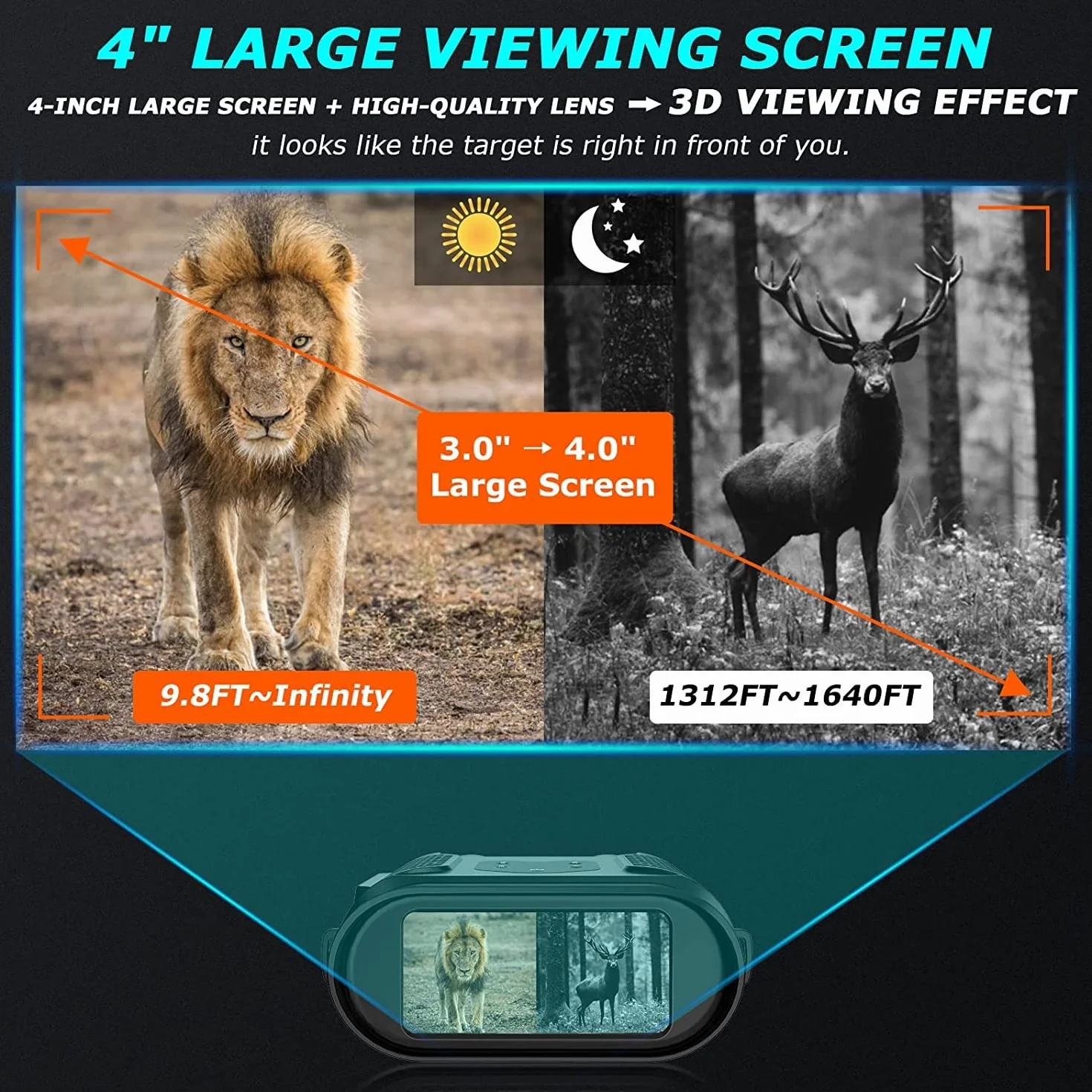 Visore Notturno,1080P+4" TFT Digitale Infrarossi Binocolo Visione Notturna, Caccia Professionale di Portata 500m, Zoom Digitale 6X, Visore Notturno con Scheda 32GB, per Caccia Birdwatching Campeggio