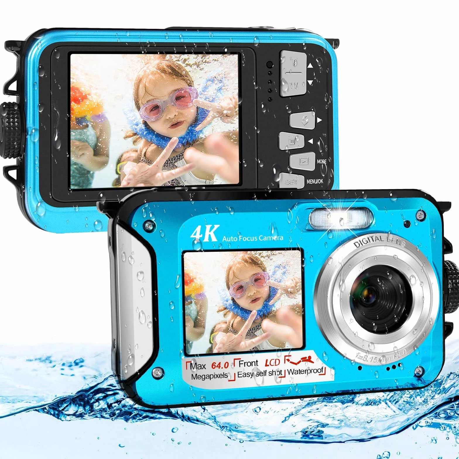 64MP Macchina Fotografica Subacquea Con Scheda Di Memoria Da 32 GB, 4K Fotocamera Subacquea Con Autofocus E Doppio Schermo Selfie HD, 5 Metri Fotocamera Subacquea Digitale (2 Batterie)