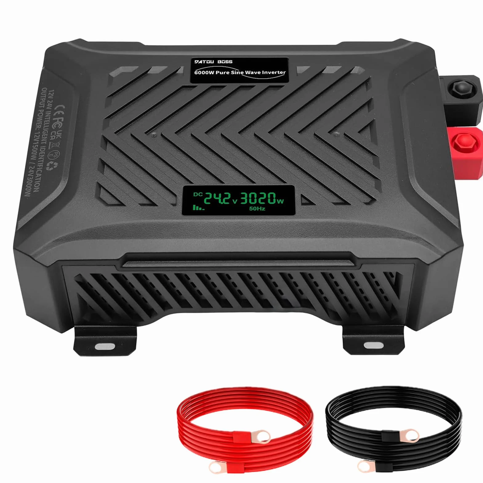 DATOUBOSS Inverter Onda Sinusoidale Pura 12V/24V a 220V Convertitore Universale Onda Pura 3000W con sistema di rilevamento intelligente, con LCD Display, interfaccia USB, Type-C e 2 presa UE