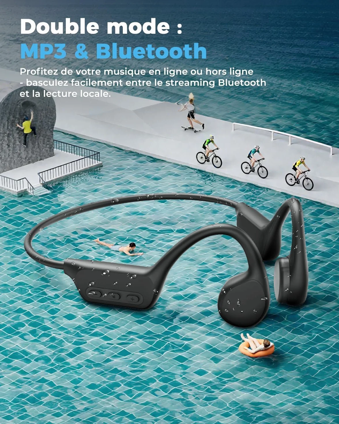 Cuffie a Conduzione Ossea, Cuffie per Nuoto, Memoria MP3 da 32GB, Cuffie Open-Ear Bluetooth 5.4, Impermeabilità IPX8, 10 Ore di Autonomia, Per Nuoto e Corsa