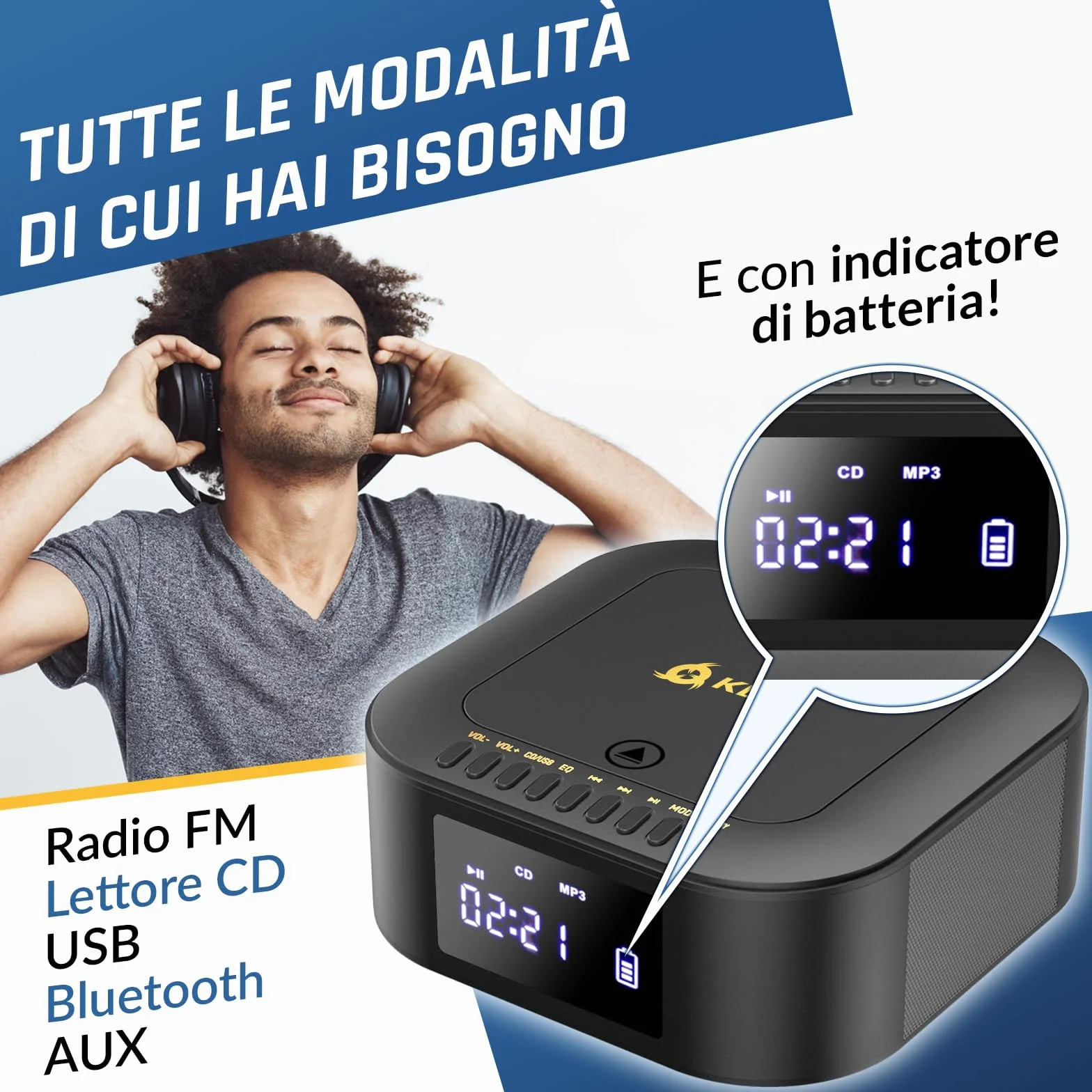 KLIM Lettore CD Stereo Boombox E1 - BASS Boost con Subwoofer - FM Radio con Lettore CD e USB, Bluetooth, AUX - Stereo casa - Filo o Wireless - Batteria ricaricabile, Telecomando - Nero/Oro